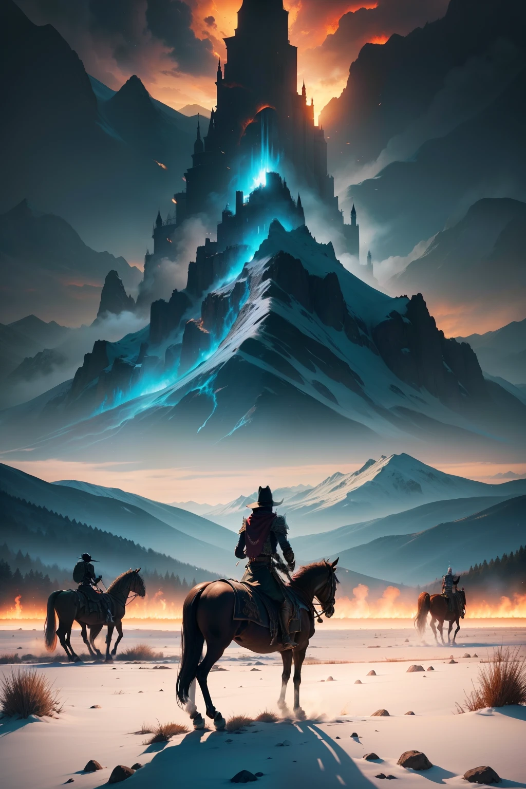 (Army of skeletons,Back Shadow,One of the skeleton warriors wears a fiery red cape,The skeleton warrior was full of fire,Skeleton warriors riding skeleton warhorses,Skeleton warhorses running across the steppe,Leave a flaming horseshoe mark,Skeleton warhorses are bubbling with blue flames) Nearby is a vibrant grassland,In the distance, there are snow-capped mountains and castles。(tmasterpiece,top Quority,best qualtiy,offcial art:1.2)