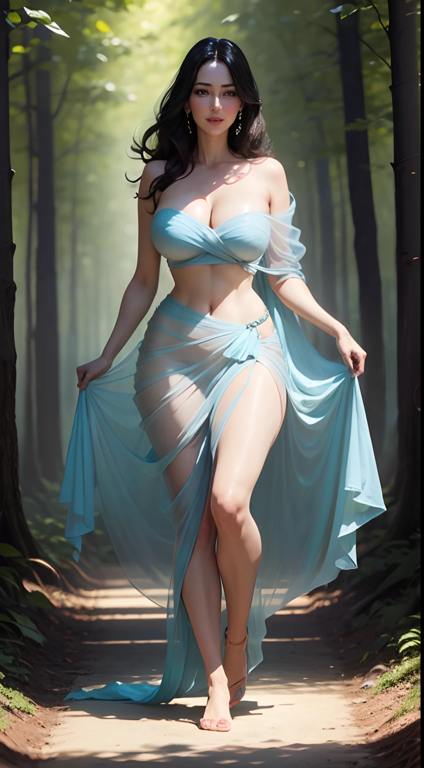 Monica Bellucci, completely naked, large breasts, beautiful, standing in a forest, flowers in hand , light blue transparent sarong, crumpled strapless bra, cleavage visible, smiling, full body, head to toe, from a distance, photorealistic, rear view, High resolution