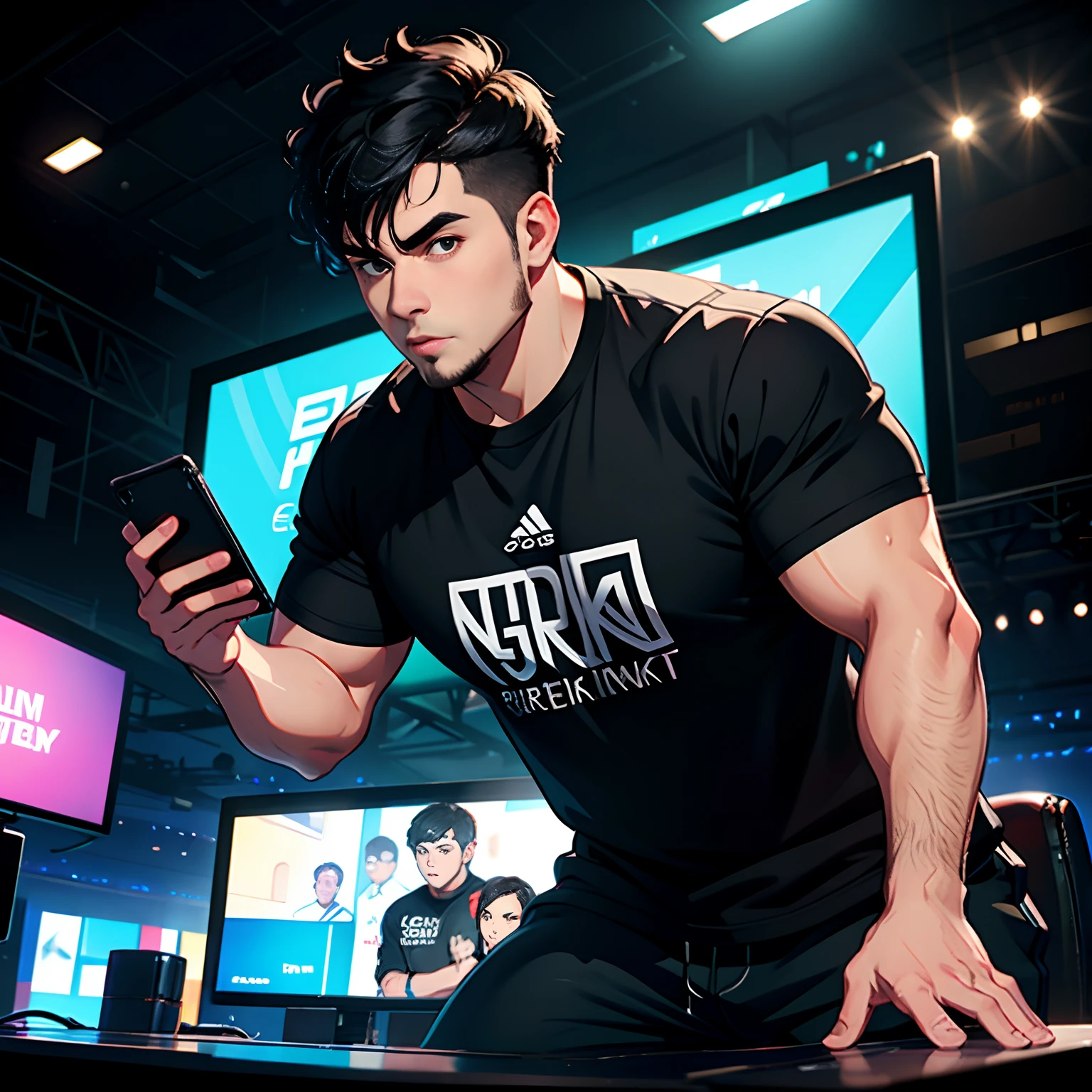 A burly young man with short black hair,Rough face,wearing black clothes,Play with your phone in the esports arena