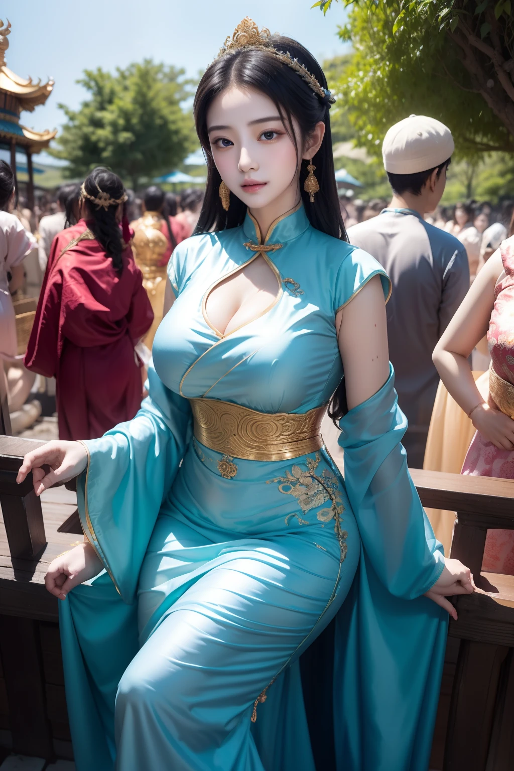 Guanyin Bodhisattva,Full-figured,Light blue long dress,Lie in the crowd,body wet,