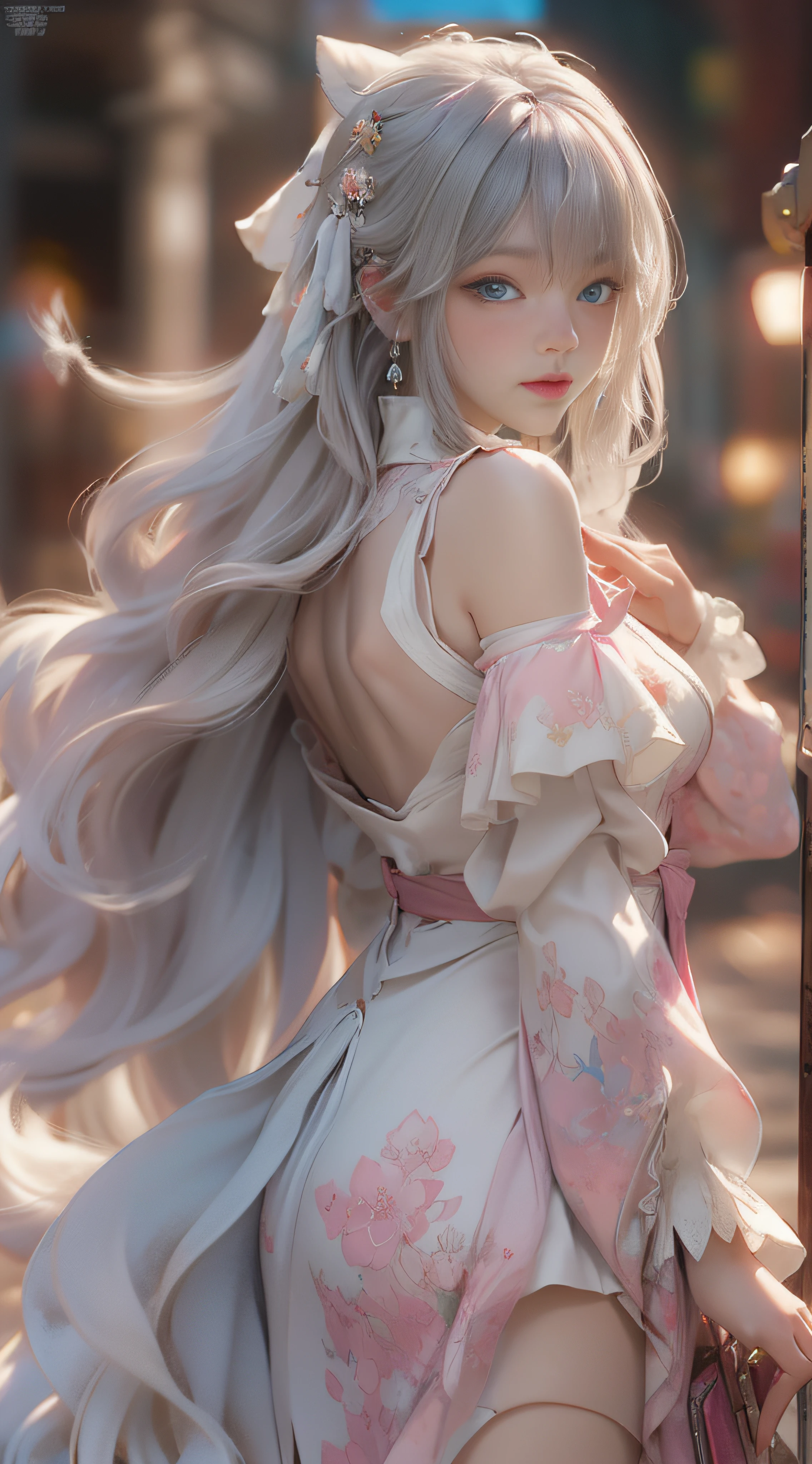 ((best qualtiy)), ((tmasterpiece)), (detail:1.4), Beautiful cyberpunk female images,hdr(HighDynamicRange),Ray traching,NVIDIA RTX,Hyper-Resolution,illusory 5,sub surface scattering,PBR textures,post-proces,Anisotropy Filtering,depth of fields,maximum definition and sharpness,Many-Layer Textures,Albedo e mapas Speculares,Surface coloring,Mitsu-Accurate simulation of material interactions,perfectly proportioned,rendering by octane,Two-colored light,largeaperture,Low ISO,White balance,Rule three points、8K raw data、Beautiful bright blue pupils,off-the-shoulder clothes,Fine pupils,Delicate face and eyes,long eyelasher,Blushlush,Delicate and fluffy hair,pink lip,Pure,Cute face,Sweet girl,Artistic sense,Casual wear,Advancedsense,butterflys,Cherry blossom petal,Beautiful hair accessories,Long hair and waist,Hair fluttering in the wind,Snow-white fox ears,curlies,Snow-white fluffy tail,Positive light,The light from the back window is backlighted