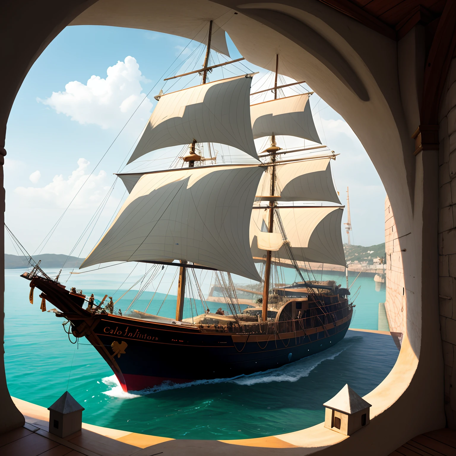 Sailboat Arafed in the water through a window overlooking the ocean, navios com velas por baixo, inspirado em Charles Gleyre, galleon, renderizado em corona, em um fundo de navio pirata, navios com velas, veleiro, fora grande janela do navio, navio pirata velho, inspired by Jean-Léon Gérôme