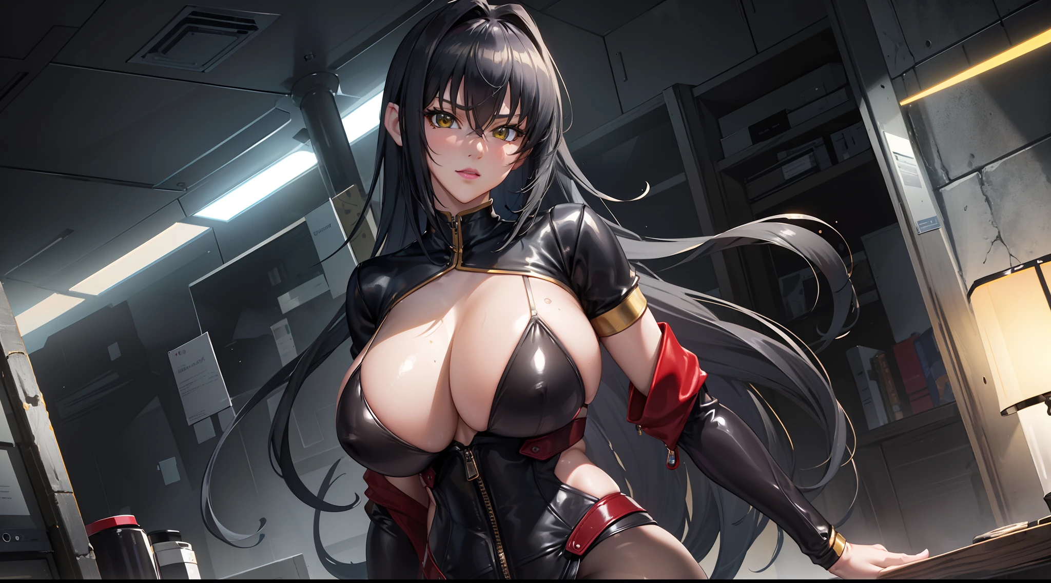 professional artwork, Intricate Details, field of view, sharp focus, detailed painting, photorealistic lighting, trending on pixiv, Standing at attention, black outfit ,yellow collared shirt,black and red bodysuit,skin_tight,black legwear, black pantyhose, Side_boob, black hair,very long hair, Bangs,yellow eyes,makeup, lipstick, 20yo,mature female,Beautiful Finger,Beautiful long legs,Beautiful body,Beautiful Nose,Beautiful character design, perfect eyes, perfect face, looking at viewer,official art,extremely detailed CG unreal engine 8k wallpaper, perfect lighting,Colorful, Bright_Front_face_Lighting, (masterpiece:1.0),(best_quality:1.0), ultra high res,4K,ultra-detailed, photography, 8K, HDR, highres, absurdres:1.2, Kodak portra 400, film grain, blurry background, (Beautiful,large_Breasts:1.4), (beautiful_face:1.5),(narrow_waist), (solo:1.4), ((landscape dimension)), rich detailed makeup, rich detailed eyeshadow, rich detailed lips, rich detailed lipstick, beautiful detail eyes