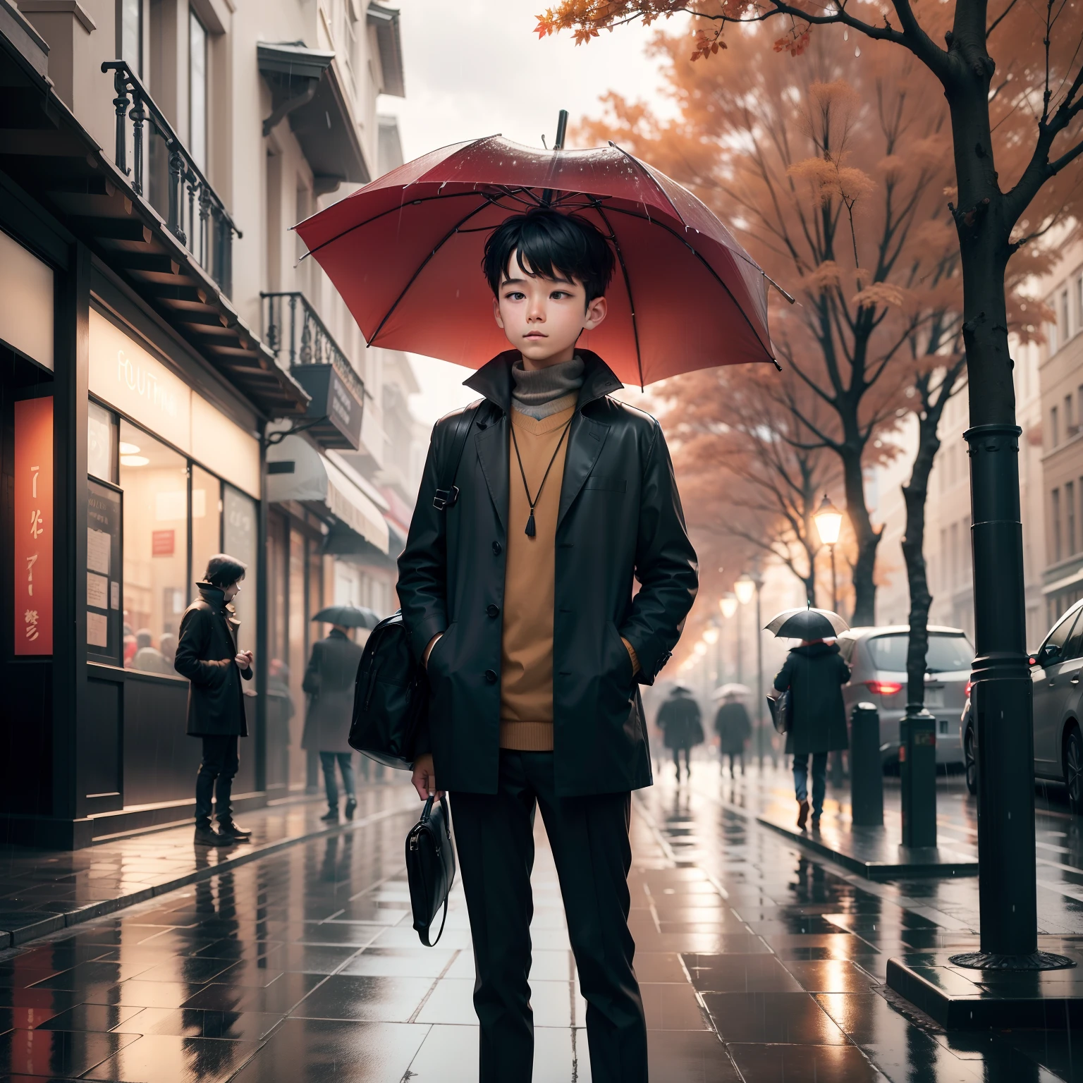 A rainy day, autumn trees ,a boy standing with umbrella, busy street