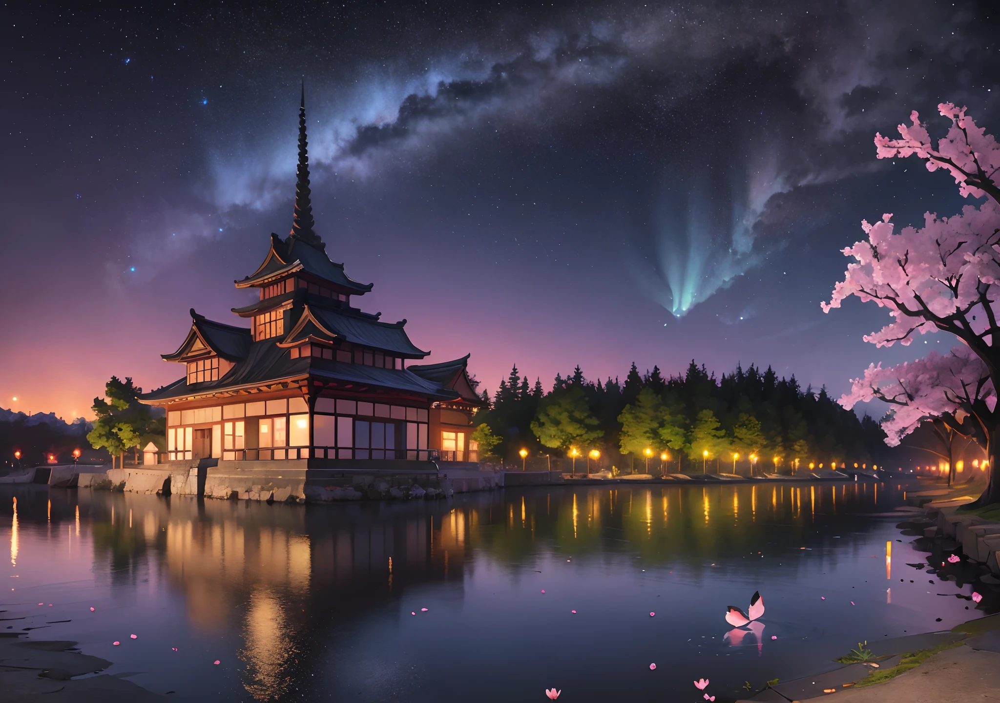 Linemoto cherry blossoms (night), (highly detailed CG unified wallpaper 8k) (highest quality), (best illustrations), bright colors (best shades), jungle, water, natural beauty, oasis of tranquility, cherry blossoms, super detail, antique porcelain, jade, castle, starry sky, , girl looks up at the night sky, ray tracing, masterpiece, top quality, super quality, absurd details, best light, best shadow, sharp, sharp images, details, Very detailed, high resolution, 8k, 4k, UHD, volumetric, bright sprite, (particle effects), (nighttime) --v6