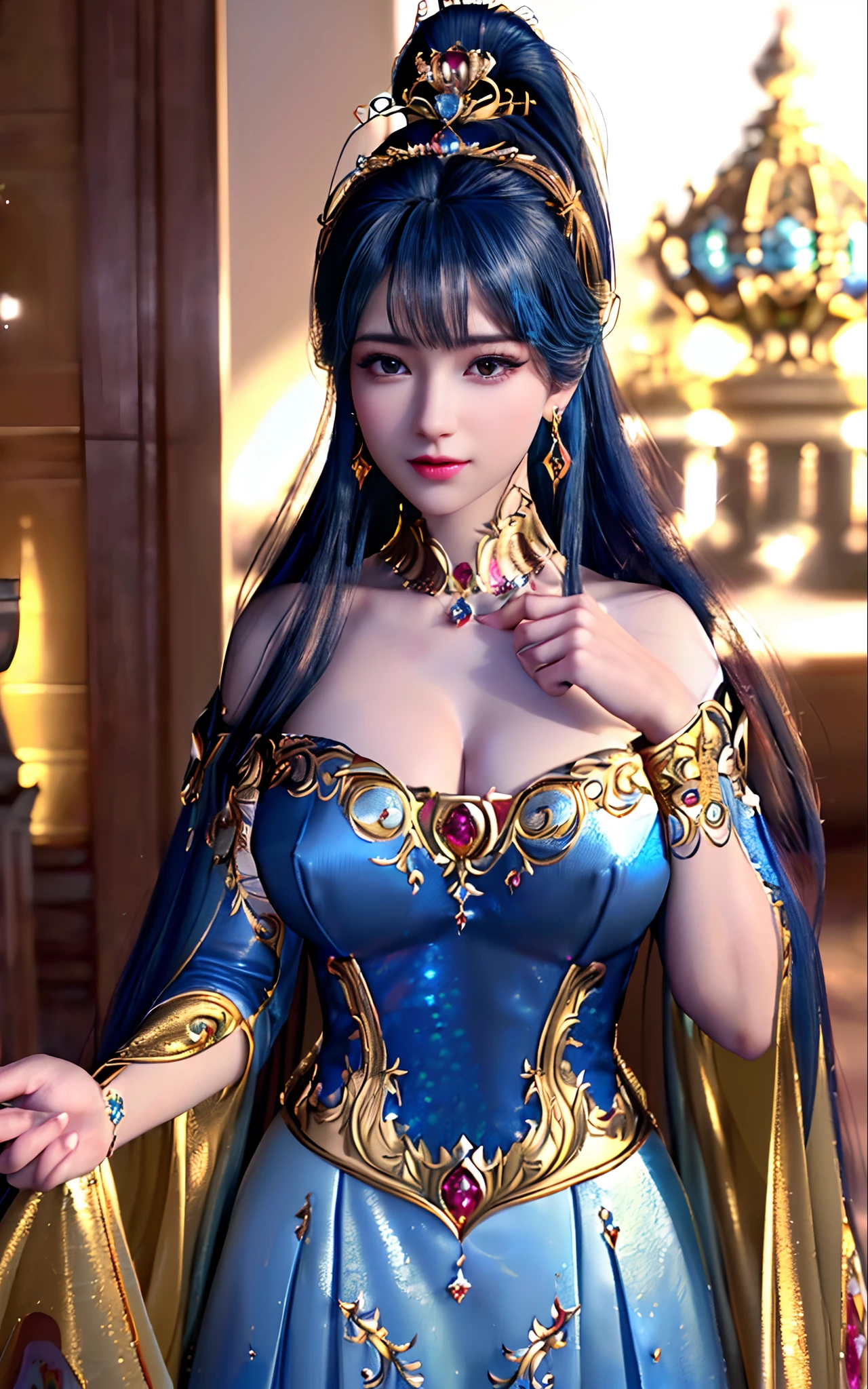 ((realisticity: 1.2)), ((best resolution: 8K UHD)), best quality,masterpiece,highres,cg,
((1 super detailed and super realistic girl)), ((very beautiful queen dazzling, super realistic, and super detailed)),((white skin, beautiful, smooth, youthful, super realistic and super detailed
)), long hair, ((super realistic and super detailed dress)), solo, ((super realistic, super beautiful, gorgeous and super detailed jewelry)), ((super beautiful, super realistic and super detailed dark red and golden yellow dress)),
((super beautiful, super realistic, super detailed diamond filled earrings)),
  ((super beautiful, super realistic and super detailed diamond filled hair ornament)), ((super beautiful upper body, super beautiful, super realistic and super detailed)), ((big breasts: 2.5)), 
((super grand, super realistic and super detailed royal palace backgroun))
((super beautiful, super beautiful, super realistic and super detailed hair bun)), ((super beautiful, super realistic and super detailed blue hair)),
candid, Photograph, high resolution, 8k,Bokeh,