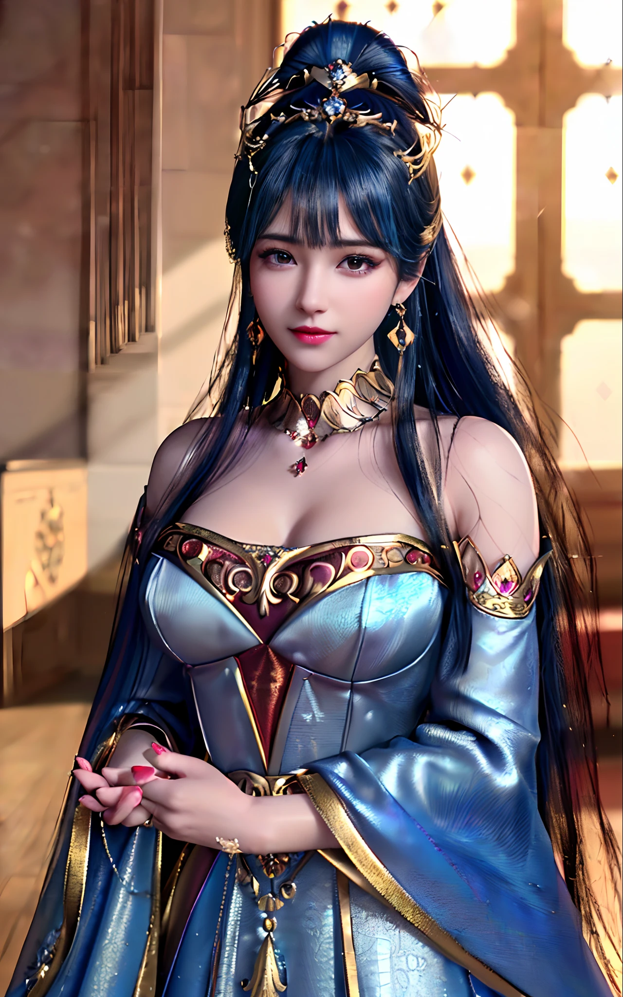 ((realisticity: 1.2)), ((best resolution: 8K UHD)), best quality,masterpiece,highres,cg,
((1 super detailed and super realistic girl)), ((very beautiful queen dazzling, super realistic, and super detailed)),((white skin, beautiful, smooth, youthful, super realistic and super detailed
)), long hair, ((super realistic and super detailed dress)), solo, ((super realistic, super beautiful, gorgeous and super detailed jewelry)), ((super beautiful, super realistic and super detailed dark red and golden yellow dress)),
((super beautiful, super realistic, super detailed diamond filled earrings)),
  ((super beautiful, super realistic and super detailed diamond filled hair ornament)), ((super beautiful upper body, super beautiful, super realistic and super detailed)), ((big breasts: 2.5)), 
((super grand, super realistic and super detailed royal palace backgroun))
((super beautiful, super beautiful, super realistic and super detailed hair bun)), ((super beautiful, super realistic and super detailed blue hair)),
candid, Photograph, high resolution, 8k,Bokeh,