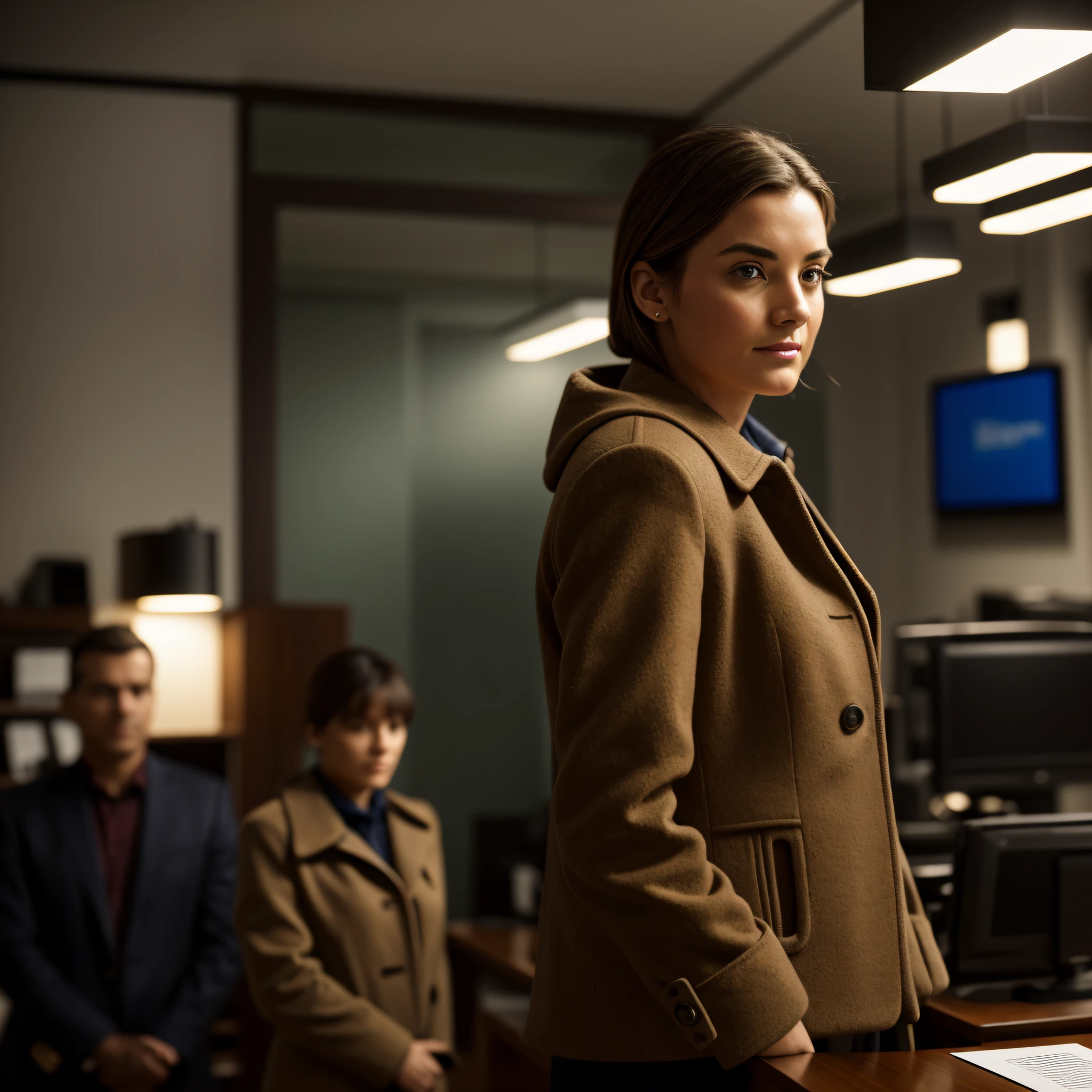 a woman standing in her mid-30s Blaser, body and head straight in the photo, facing the photo viewer, eyes straight into the lens, shoulders and head appear in the photo, woman centered in the photo, with people blurred in the background with office scenery, 8k, best quality, masterpiece, realistic, photorealistic, cinema photo, ultra realistic, 1 person, detailed, perfect lighting, DSRL, professional photo, 4k