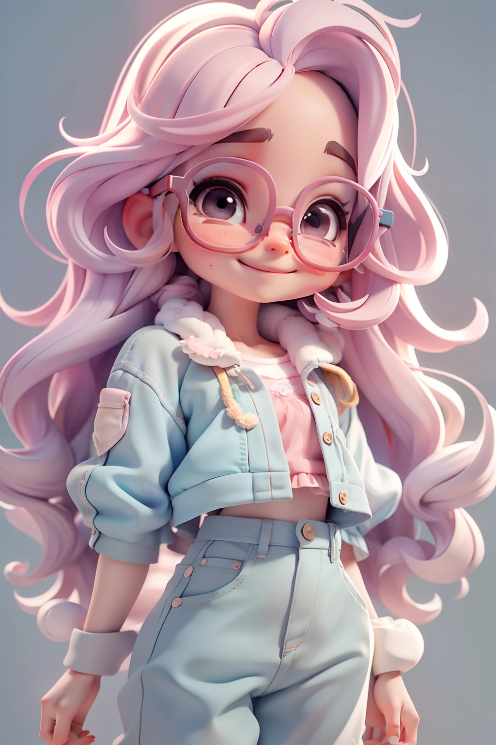 Loli cute Alice pensando, Eyeglasses, menina meiga, olhos delicados, pastel tone, pants, moletom, sorriso delicado, fundo simples e branco