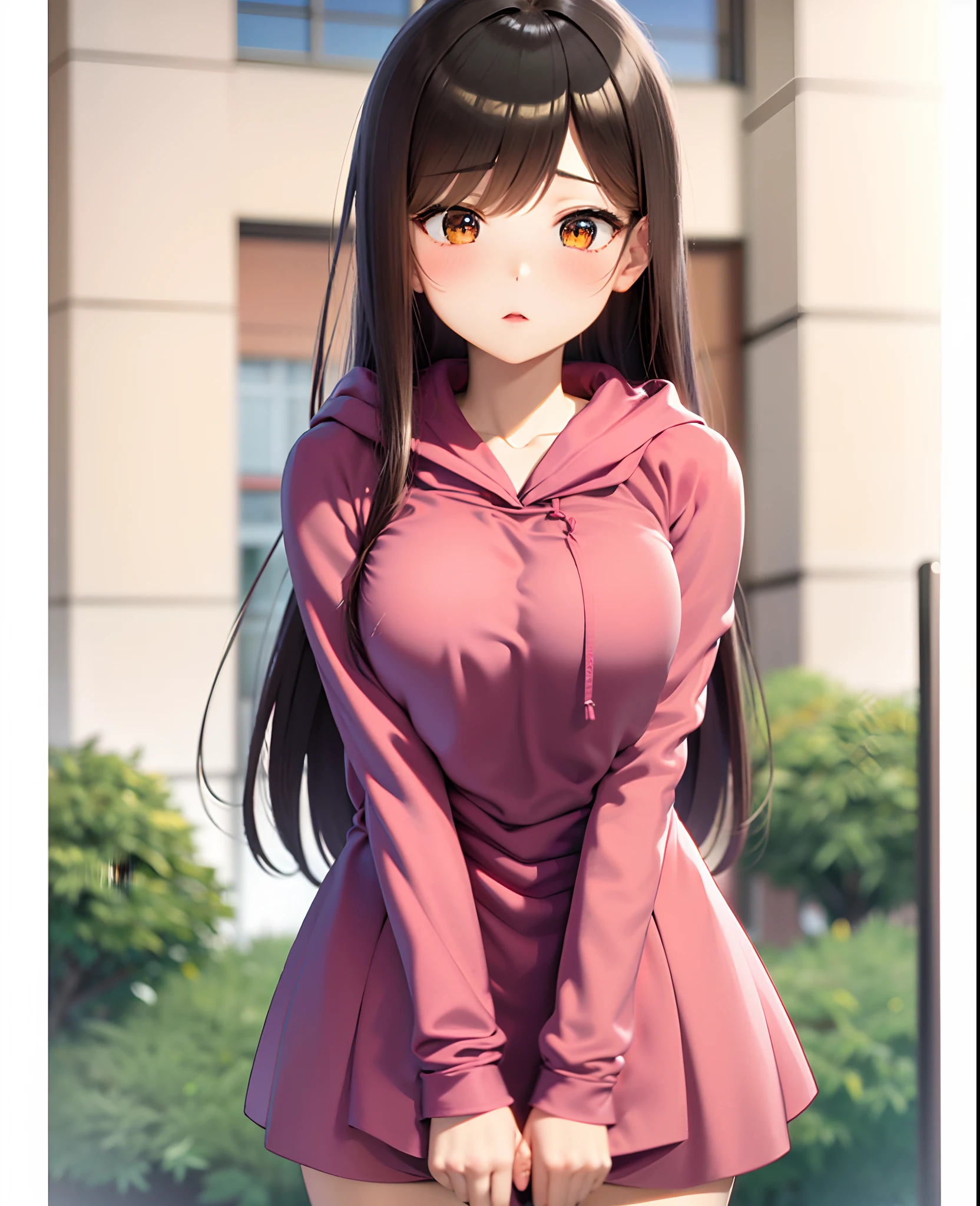 Chizuru,anime girl in pink hoodie standing in front of a building, anime visual of a cute girl, an anime girl, anime girl with long hair, anime moe artstyle, cute anime waifu in a nice dress, as an anime character, ilya kuvshinov with long hair, cute anime girl, (anime girl), realistic young anime girl, anime best girl