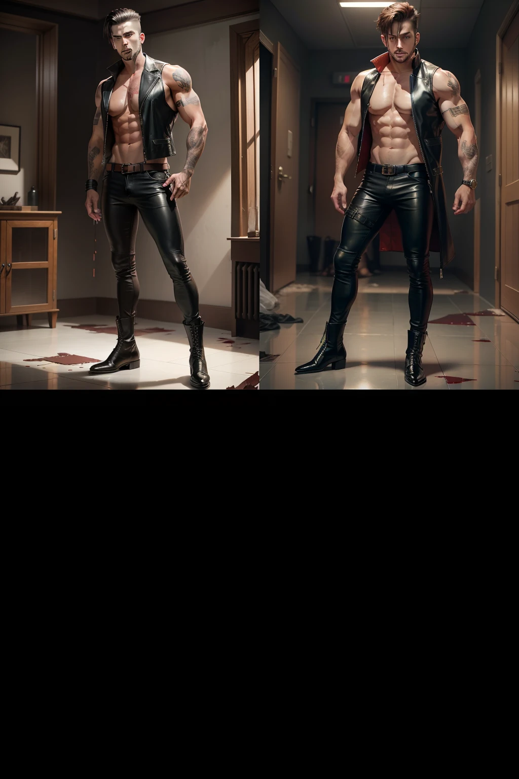 full body, young handsome man naked in leather vest, leather pants, leather boots,wounded, bleeding