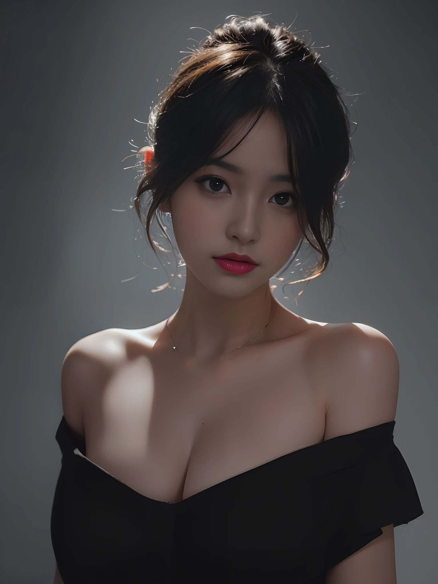 Best quality, masterpiece, ultra high res, (photorealistic:1.5), raw photo, 1girl, offshoulder, in the dark, deep shadow, low key, cold light, sexy look, short hair