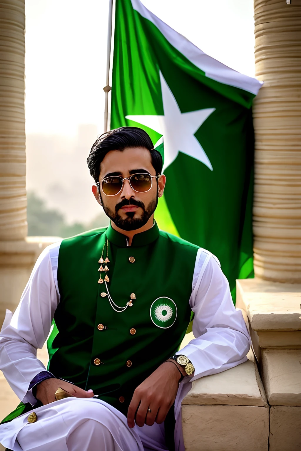"Immerse in Jashan-e-Azadi Spirit: Keep Face Unchanged, Apply Traditional Look and Scenic Background"
Prompt Description:
Please provide an input image of a person, emphasizing that their facial features, expressions, and overall appearance should remain unchanged. We'll apply a Jashan-e-Azadi (Pakistan's Independence Day) aura without altering the face.
Envision dressing the person in traditional Pakistani attire, such as a shalwar kameez or a kurta with a waistcoat, radiating a sense of national pride and cultural heritage.
Imagine placing the person in a scenic and celebratory Jashan-e-Azadi setting. The backdrop should feature vibrant decorations, green and white banners, and Pakistani flags that symbolize unity and patriotism.
The AI-generated image will seamlessly merge the original face with the Jashan-e-Azadi-inspired attire and a beautifully detailed background, evoking the festive and celebratory spirit of Pakistan's independence. 🇵🇰🎉✨