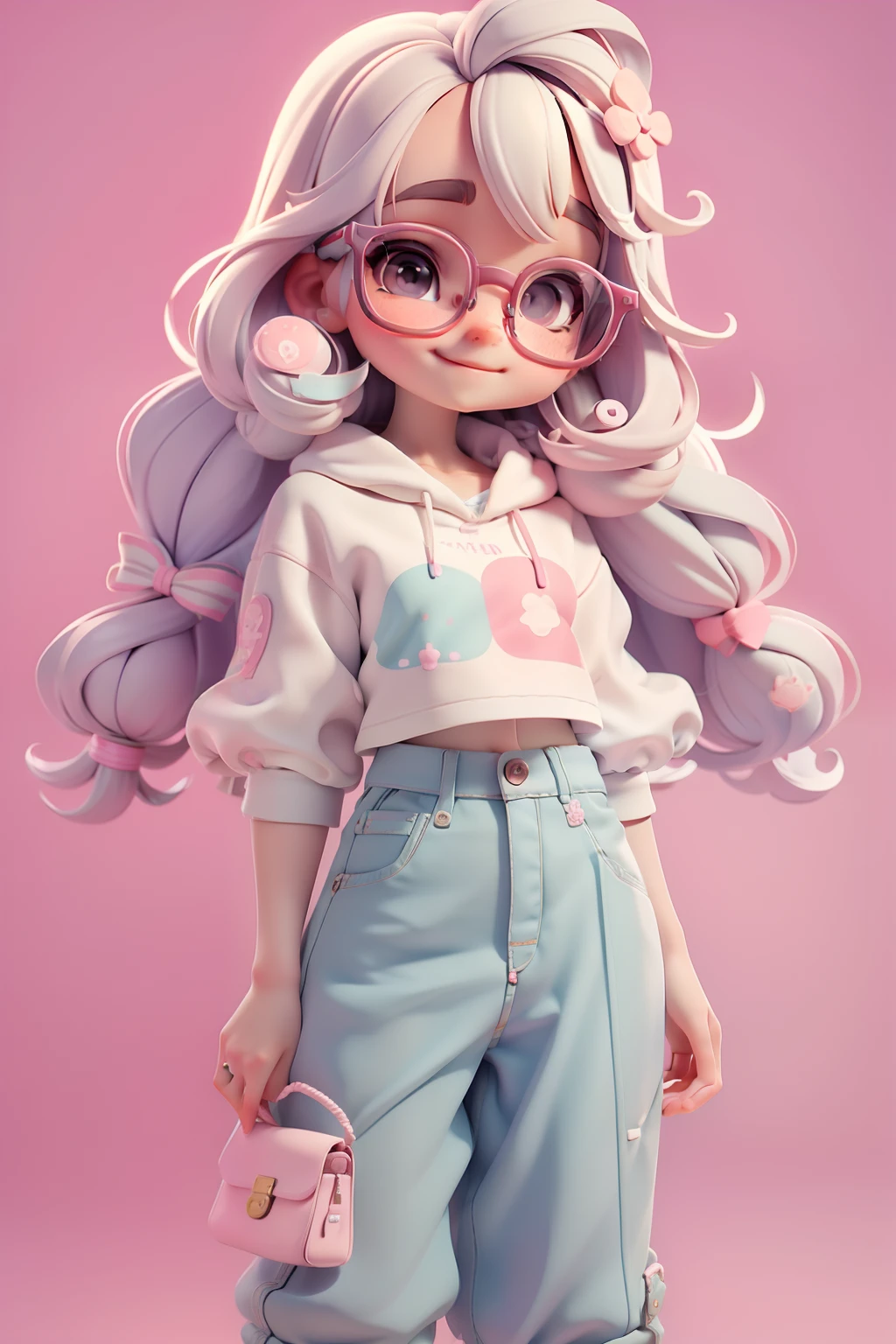 Loli cute Alice pensando, Eyeglasses, menina meiga, olhos delicados, pastel tone, pants, moletom, sorriso delicado, fundo simples e branco
