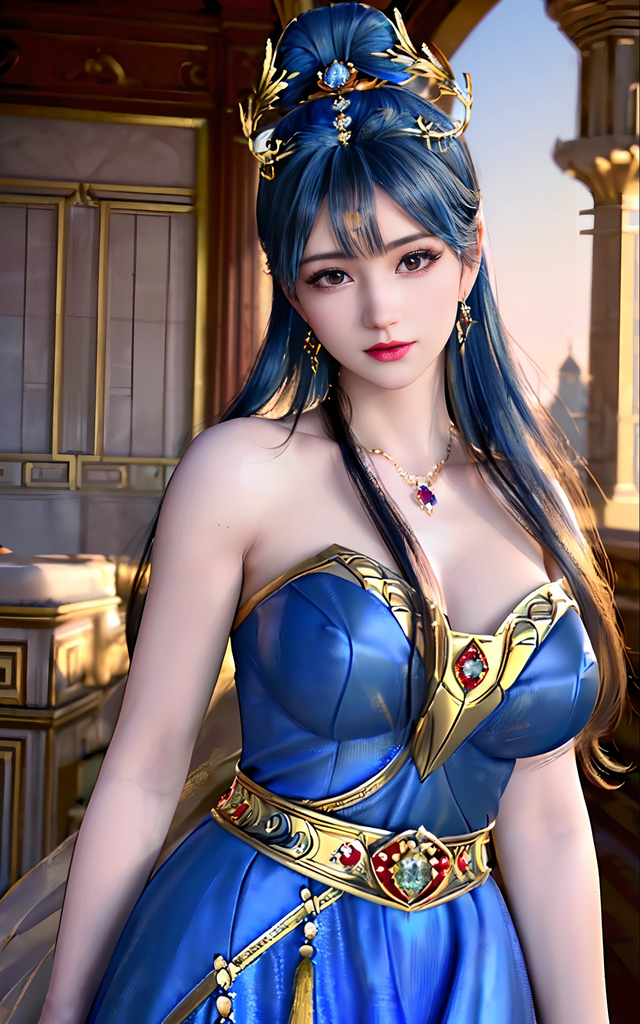 ((realisticity: 1.2)), ((best resolution: 8K UHD)), best quality,masterpiece,highres,cg,
((1 super detailed and super realistic girl)), ((very beautiful queen dazzling, super realistic, and super detailed)),((white skin, beautiful, smooth, youthful, super realistic and super detailed
)), long hair, ((super realistic and super detailed dress)), solo, ((super realistic, super beautiful, gorgeous and super detailed jewelry)), ((super beautiful, super realistic and super detailed dark red and golden yellow dress)),
((super beautiful, super realistic, super detailed diamond filled earrings)),
((super beautiful, super realistic and super detailed diamond filled hair ornament)), ((super beautiful upper body, super beautiful, super realistic and super detailed)), ((big breasts: 2.5)),
((super grand, super realistic and super detailed royal palace backgroun))
((super beautiful, super beautiful, super realistic and super detailed hair bun)), ((super beautiful, super realistic and super detailed blue hair)),
candid, Photograph, high resolution, 8k,Bokeh,
