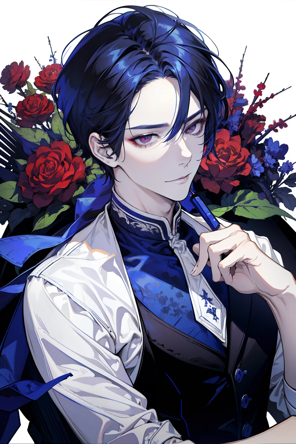 (absurdres, highres, ultra detailed, HDR), masterpiece, best quality, 1boy, solo, handsome, dark blue hair, finely red eyes and detailed face, forehead, ((wear white t-shirt and black trouser)), (pale and white skin), dutch angle, upper body, slight smile, villain vibe, vampire vibe, put his hand into the table, waistwatch, blood effect, in dark library, face focus, red eyes