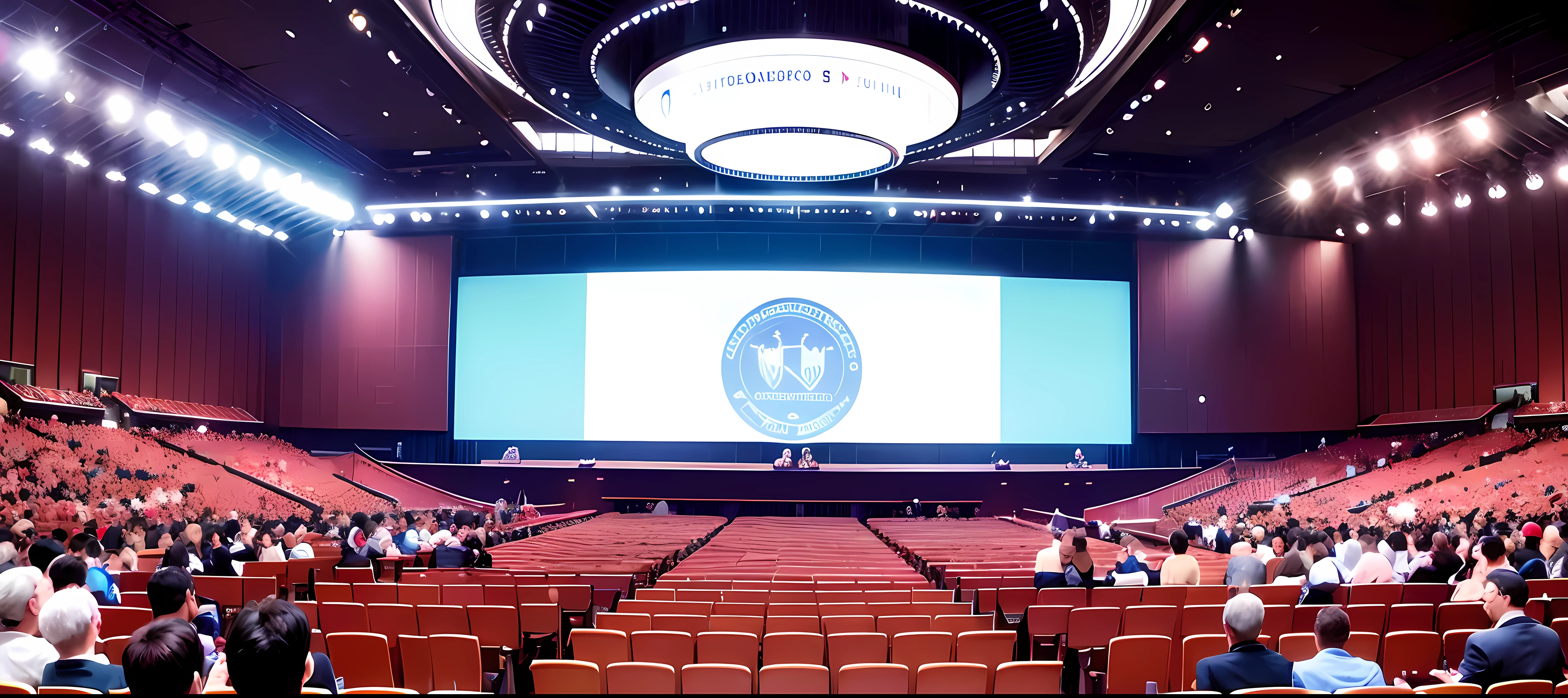 Asymmetrical pesperctiva of a man standing on a podium in front of a crowd with a bright screen behind him, Em uma arena nacional, congresso nacional, Bill Gates em Overwatch, fazer um discurso, standing in an arena, pintado digitalmente, salas de aula e tocas de jogos, em uma arena, people attending a lecture by world leaders, futuristic backdrop, Futuristic congress meeting