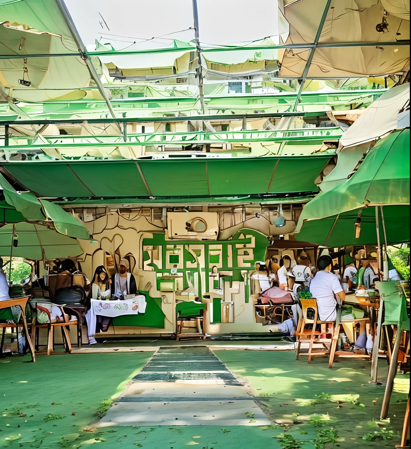 there are many people sitting at tables under umbrellas in a room, green terrace, ground level view, assamese aesthetic, assam tea garden setting, under large green umbrella, view from ground level, inside view, ground - level view, ground-level view, ground view, ground level shot, infested with pitch green, green square, indiecraft aesthetic