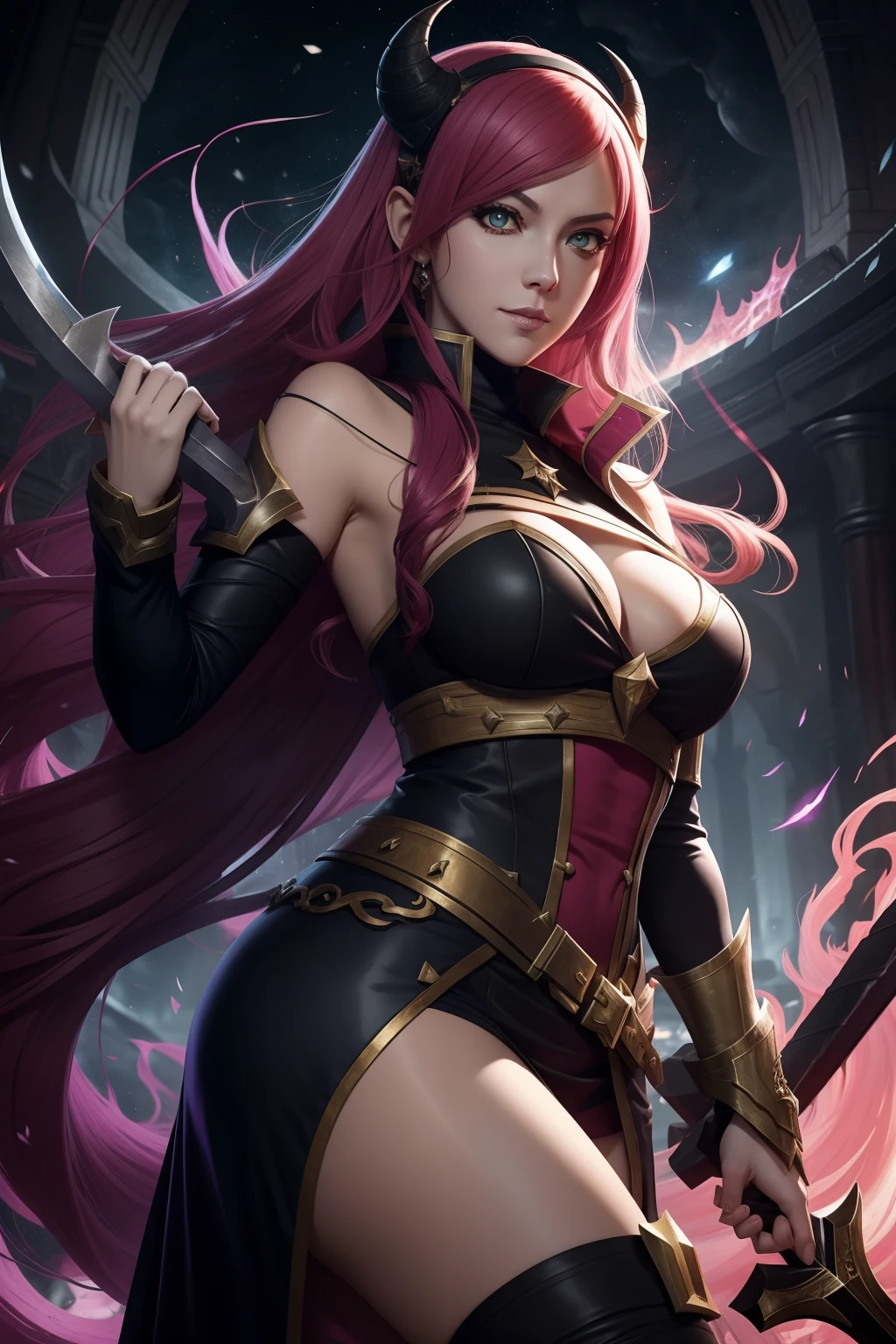 Catherine, do League of Legends, detalhado no universo do demonslayer, com o tema do universo do demonslayer, Background inspired by demonslayer and thematic details.