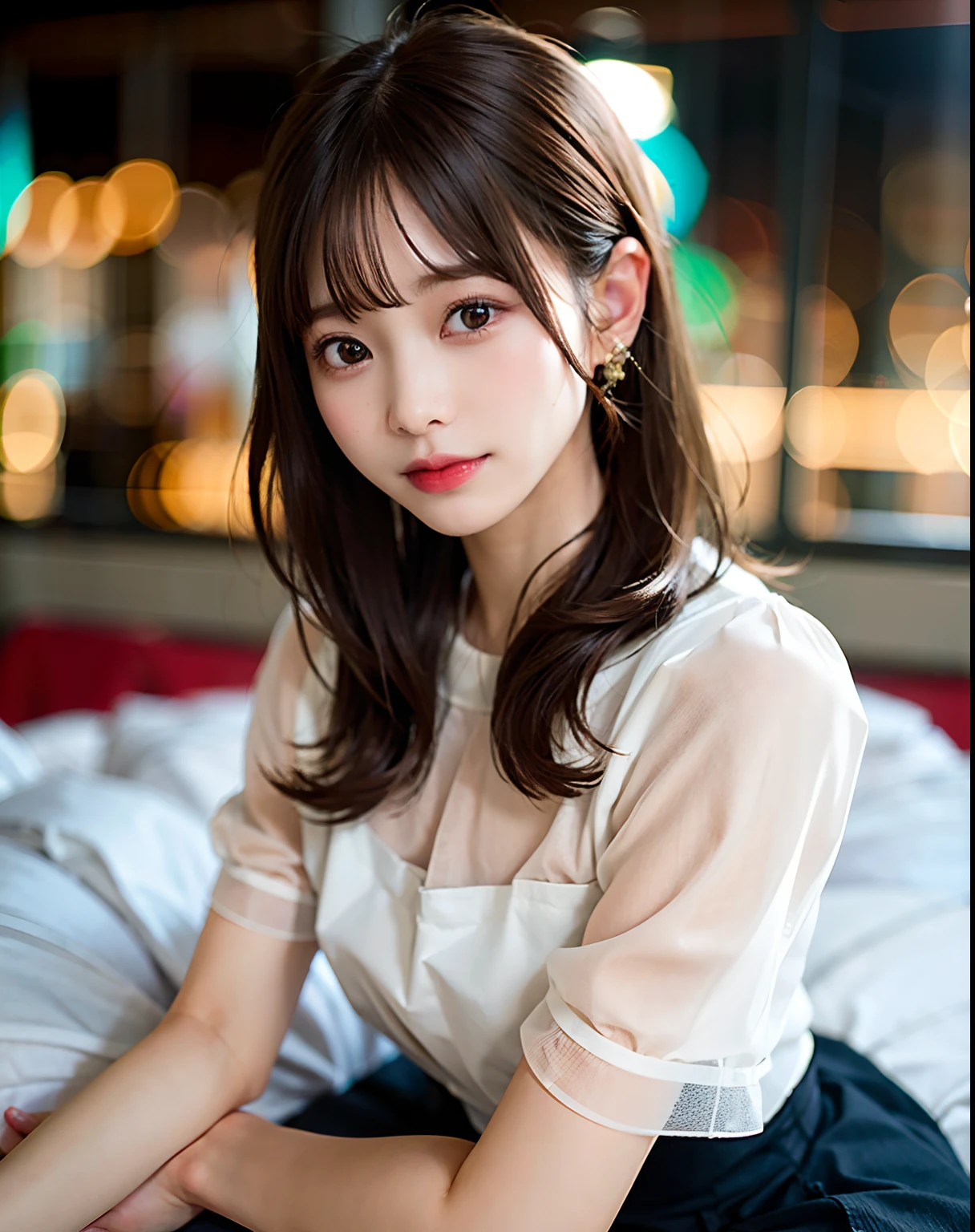Best Quality, 超A high resolution, (Photorealistic:1.4), Raw photo, (upper thigh, From Side:0.7), (Bokeh:1.5), (sit on a bed), (in a suite:1.6),window,
1日本人の女の子, Cute, (Solo:1.6), (Shy smile), (Brown eyes), Smooth skin, (Brown medium hair,Bangs),(Small chest),delicacy, (touch hair:1.4),
(off-white transparent clothes:1),