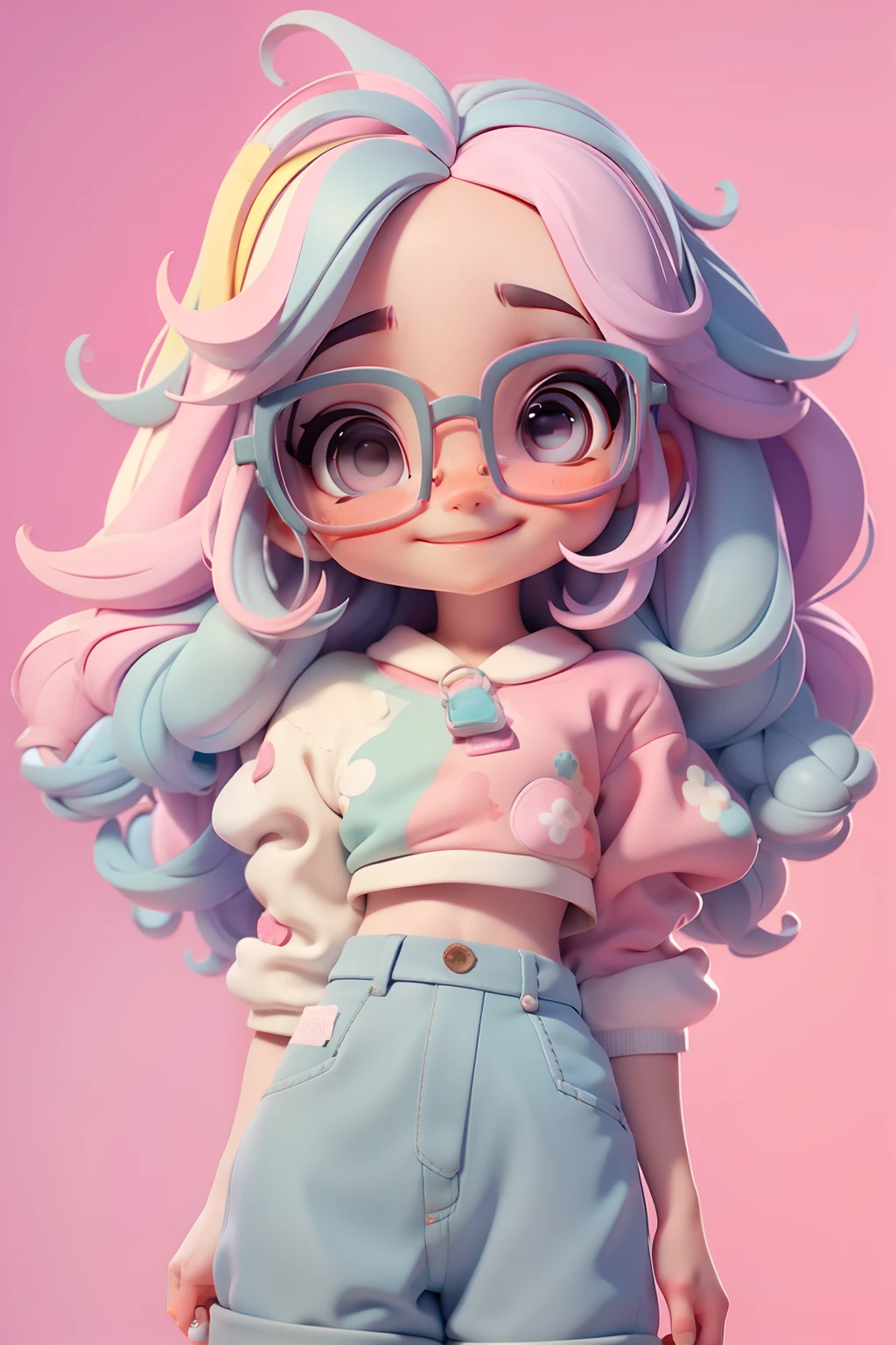 Loli cute Alice, Eyeglasses, menina meiga, olhos delicados, multicolor, pastel tone, pants, moletom, sorriso delicado, fundo simples e branco