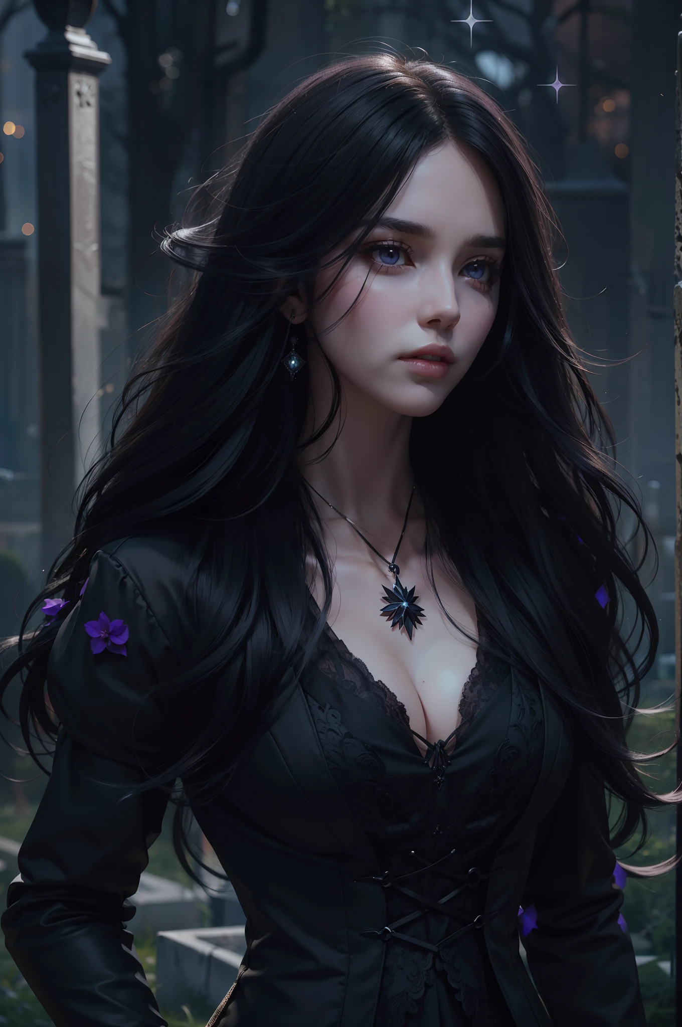 Beautiful woman reminiscent of Yennefer from The Witcher with long black hair and violet eyes bright as constellations, obra prima, ultra qualidade, 8k, cabelos caindo sobre seus ombros, in the background a cemetery, She's wearing a black suit and tie.......