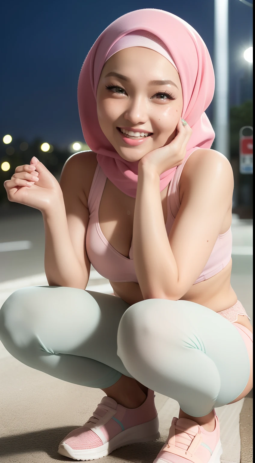 Neelofa wearing pastel color hijab, squatting in pastel color singlet, bra and platted short skirt, squat (neelofa:1.2), laughing, happy, detailed skin texture, bright lighting, detailed skin texture, detail skin, freckles skin, locatin: city street, nighttime,