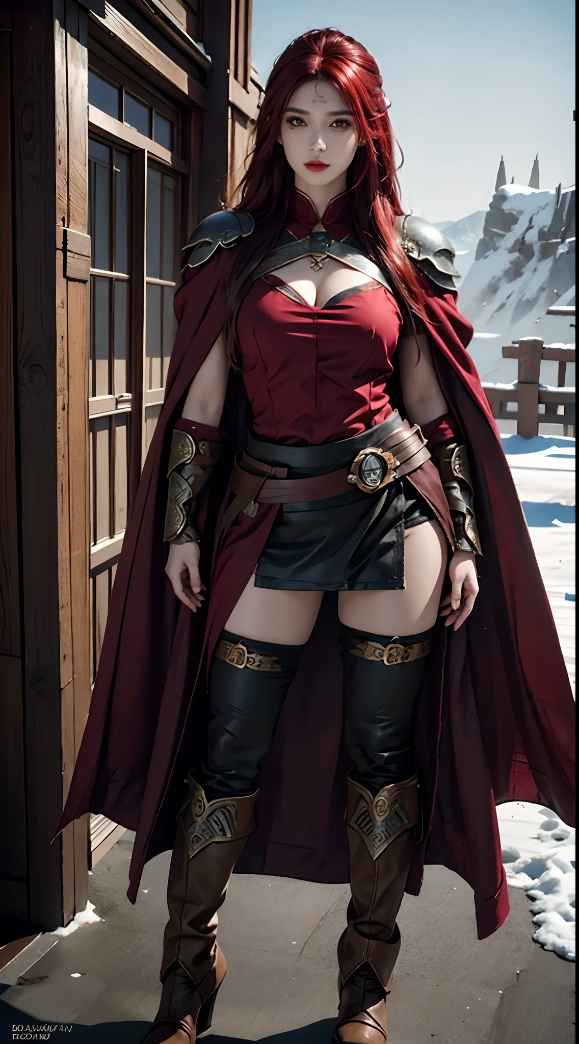 photorealistic, high resolution, 1women, solo, hips up, look at viewer, (detailed face), Norse, cape, armor, red hair, long hair, eyeliner, smokey, wind, blizzard, tattoo, jewelry