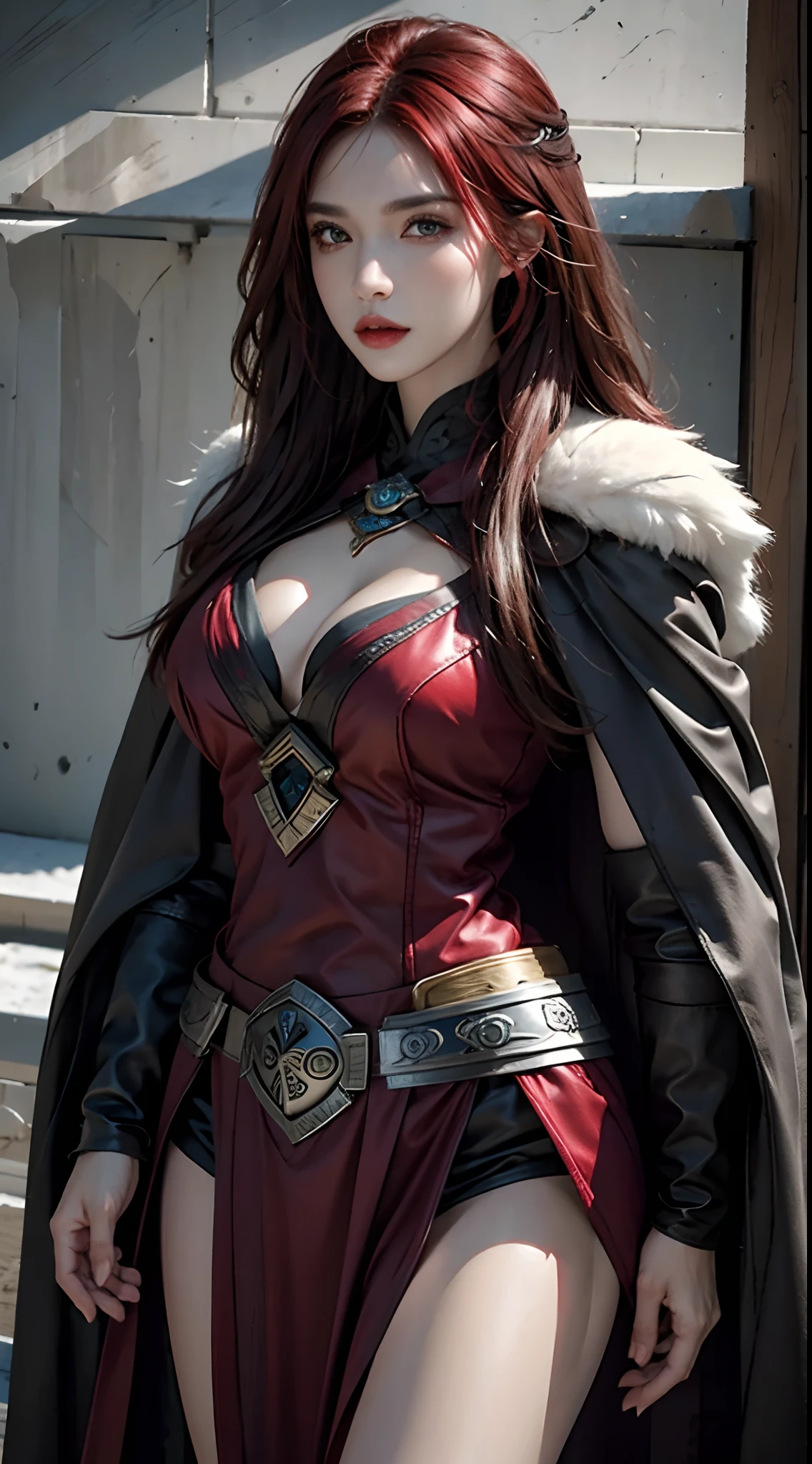 photorealistic, high resolution, 1women, solo, hips up, look at viewer, (detailed face), Norse, cape, armor, red hair, long hair, eyeliner, smokey, wind, blizzard, tattoo, jewelry