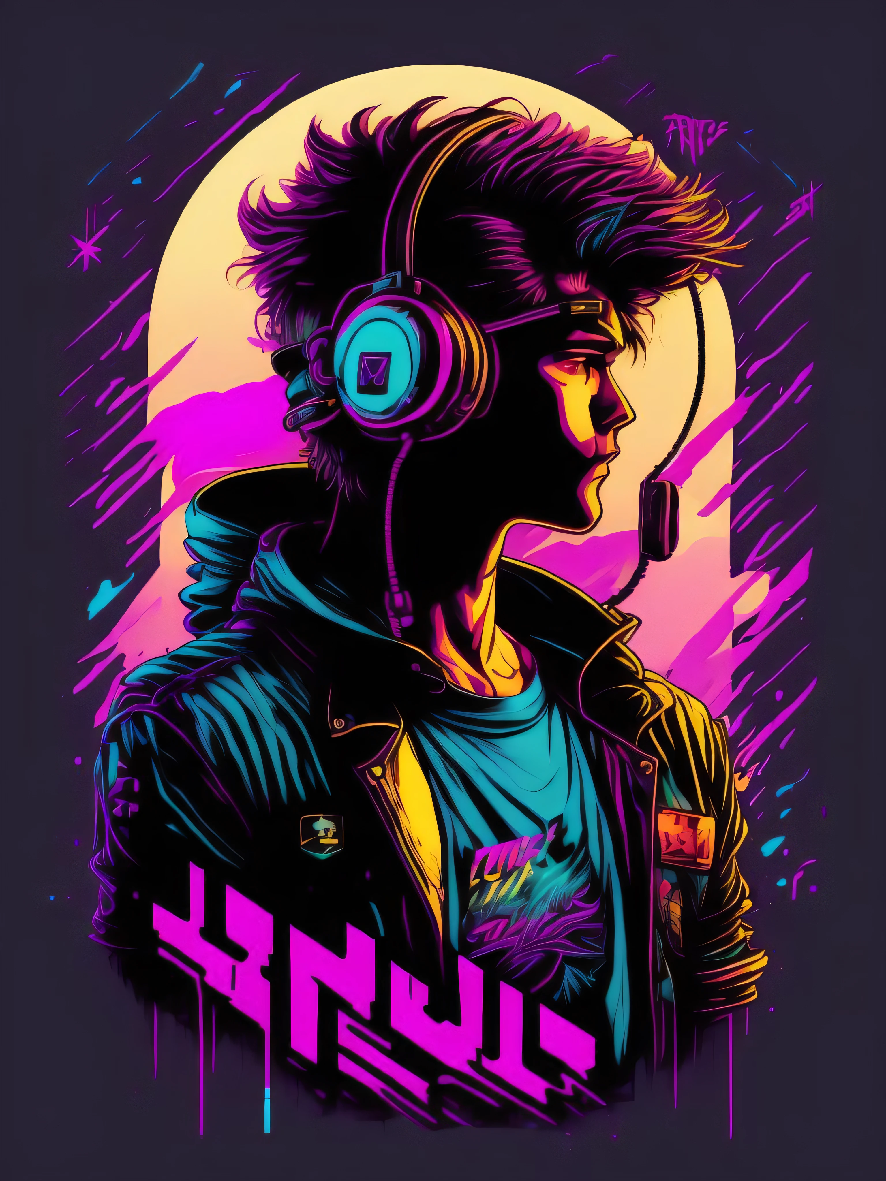 Retrowave cool boy with headset character design,sticker,Full body shot ,anime style, Trigger Studio style, manga art, comics, inking, graffiti art, graphic, neon colors, golden ratio composition, design for tshirt,8k