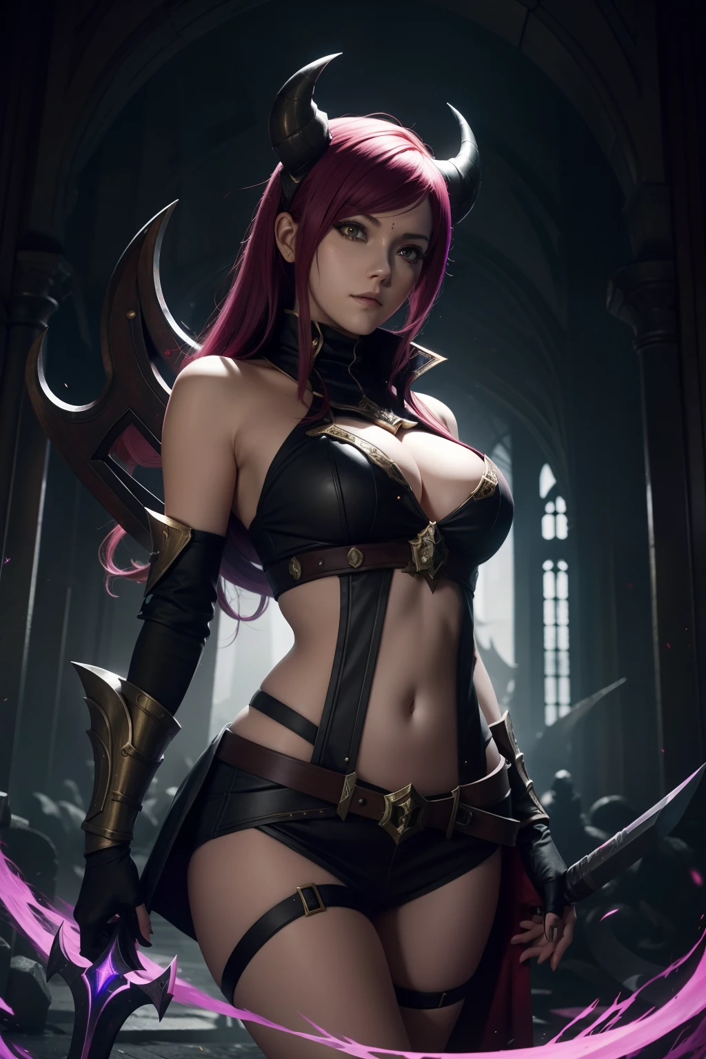 Catherine, do League of Legends, detalhado no universo do demonslayer, com o tema do universo do demonslayer, Background inspired by demonslayer and thematic details.