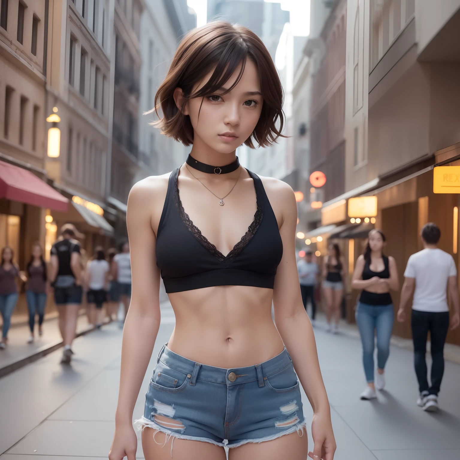 ((medium breast, tomboy girls, small head)), daylight, sunlight, (chiseled abs : 1.1), (perfect body : 1.1), (short wavy hair : 1.2) , auburn hair, collar, chain, full body shot, crowded street, wearing black tanktop, jeans jacket, ((shorts)), (extremely detailed CG 8k wallpaper), (an extremely delicate and beautiful), (masterpiece), (best quality:1.0), (ultra highres:1.0),  beautiful lighting ,perfect lightning, realistic shadows, [highres], detailed skin, ultra-detailed