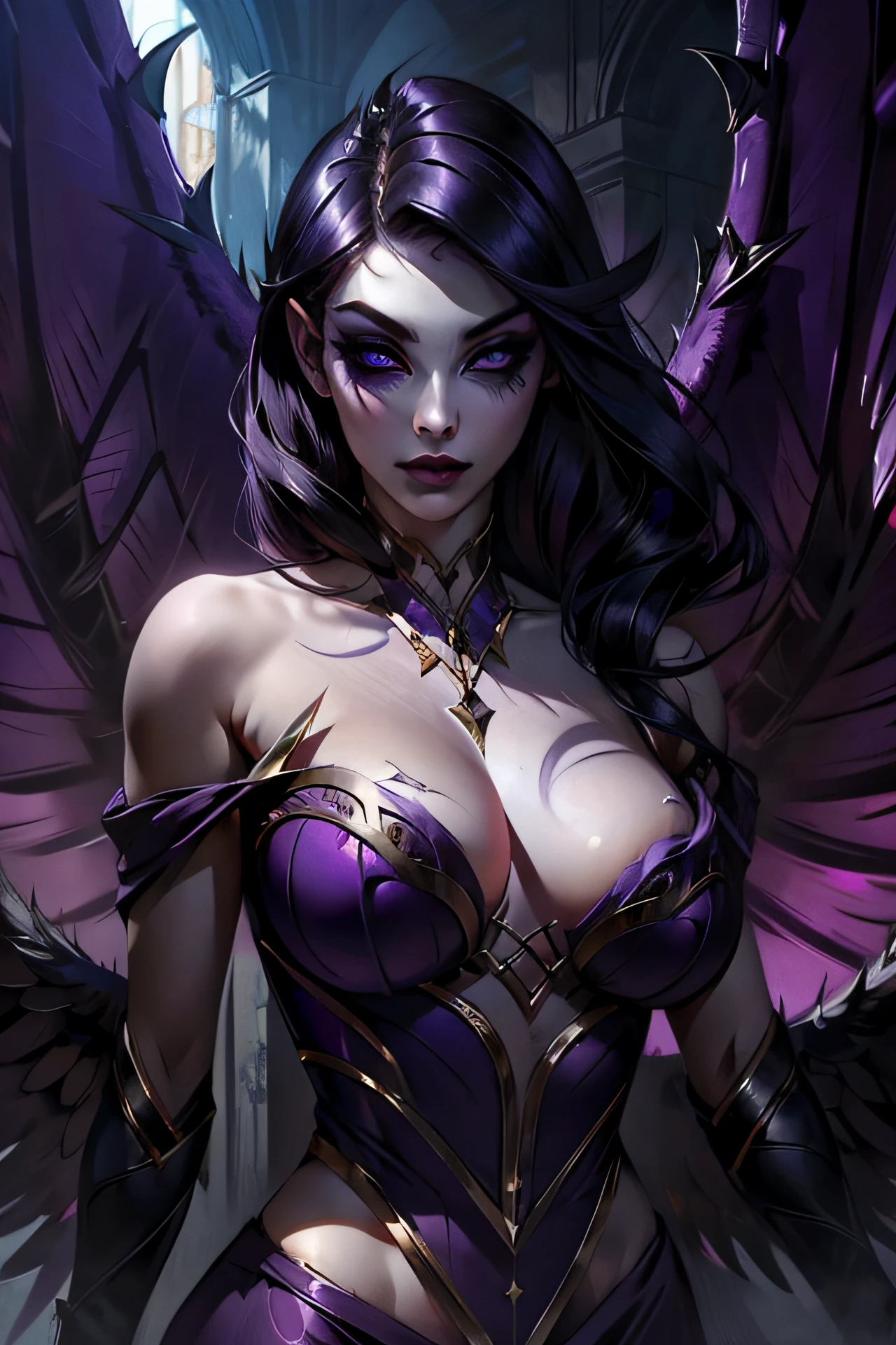 best quality, intricate details,


1girl,  Morgana_Default, large_breast, eye_makeup, purple_wings,