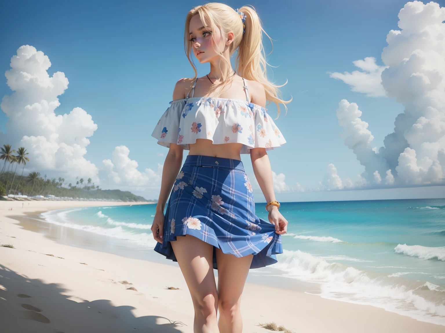 Blue floral plaid skirt off-the-shoulder barefoot sexy blonde ponytail beauty beach