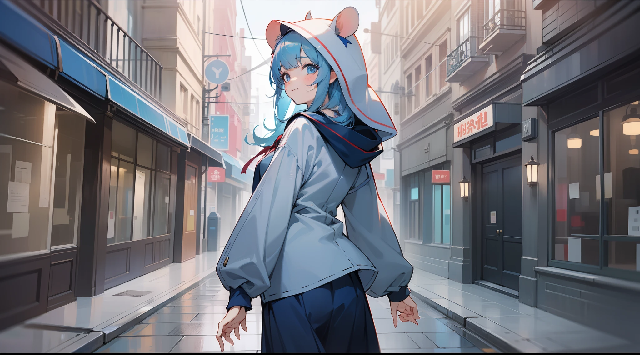 ((Top image quality))Walk through fashionable streets lined with cafes and boutiques、((Anime girl with tablet PC))((I have a tablet))、20yr old、Upper body ,full body Esbian, mid-shot,(posterior view、Looks Back)、 femele, Detailed eyes, ((Beautiful woman walking)),Hood Up、Light Grey Hood、((Round ears of rats))、Semi-long hair, Blue hair、 Bangs,Dark blue uniform、Red ribbons、pleatedskirt、Long sleeves,、frontage、 A slight smil、A smile