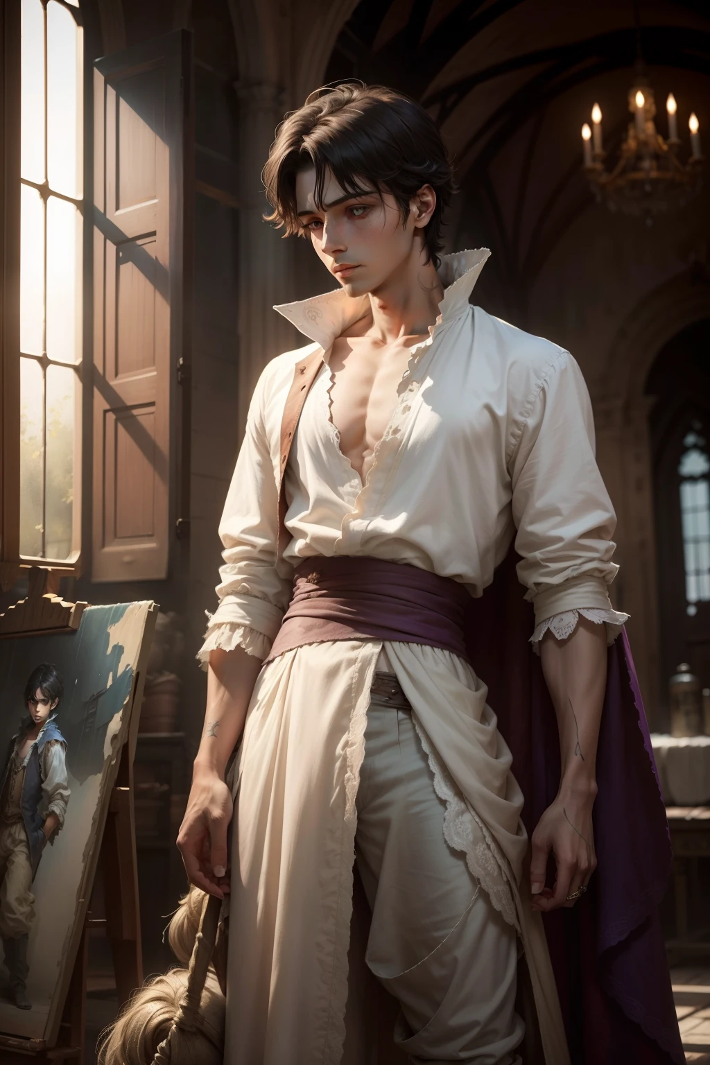 Adult prince in rags,Tall and weak,Wearing tattered and gorgeous clothes,Lie down in an oversized round cage,Standing painting