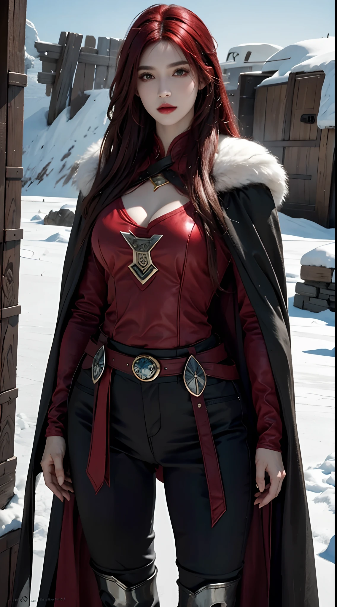 photorealistic, high resolution, 1women, solo, hips up, look at viewer, (detailed face), Norse, cape, armor, red hair, long hair, eyeliner, smokey, wind, blizzard, tattoo, jewelry