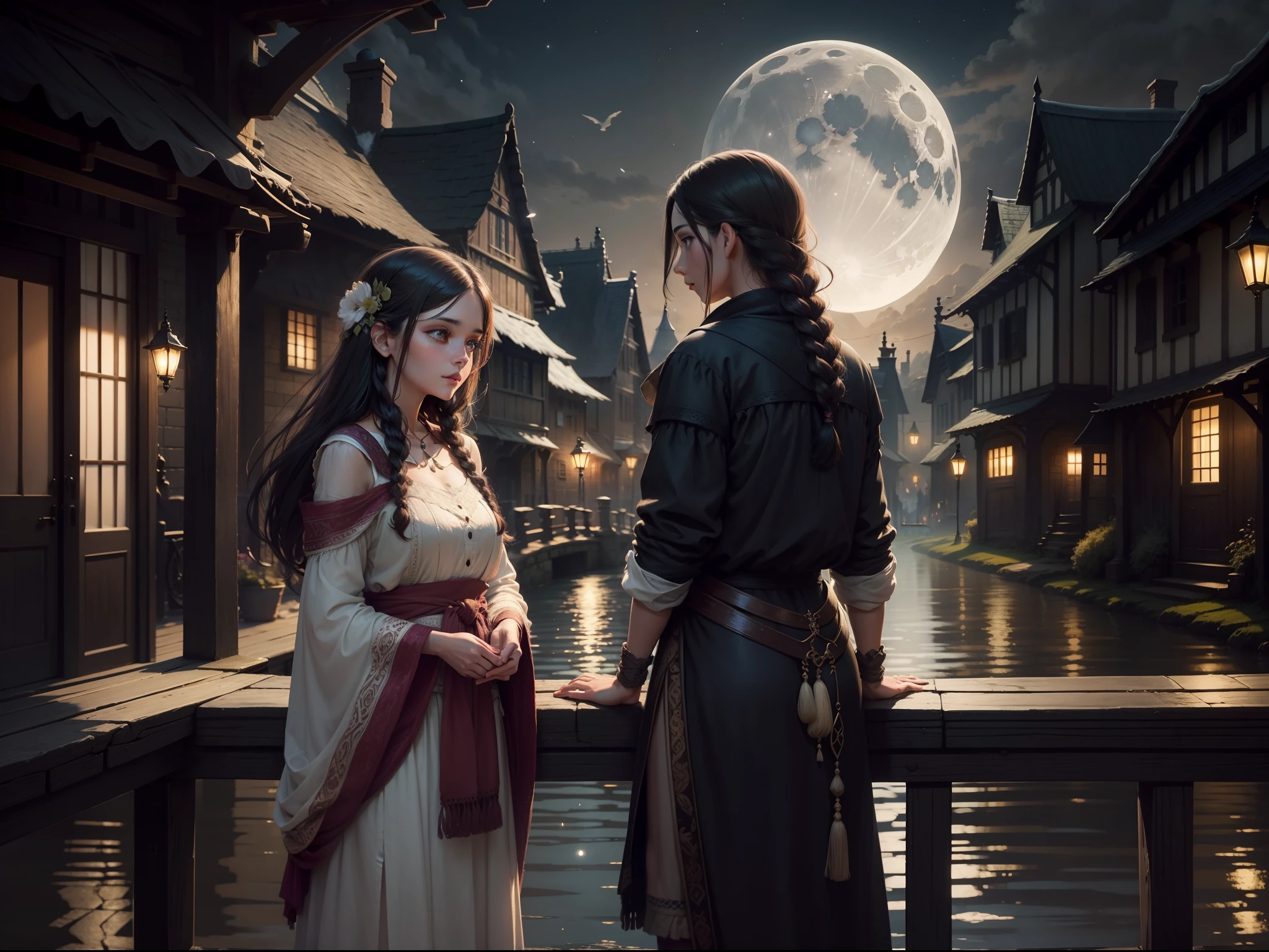 The cowherd and the weaver girl meet on the Magpie Bridge Beautiful and soft light source The background is night There is a moon