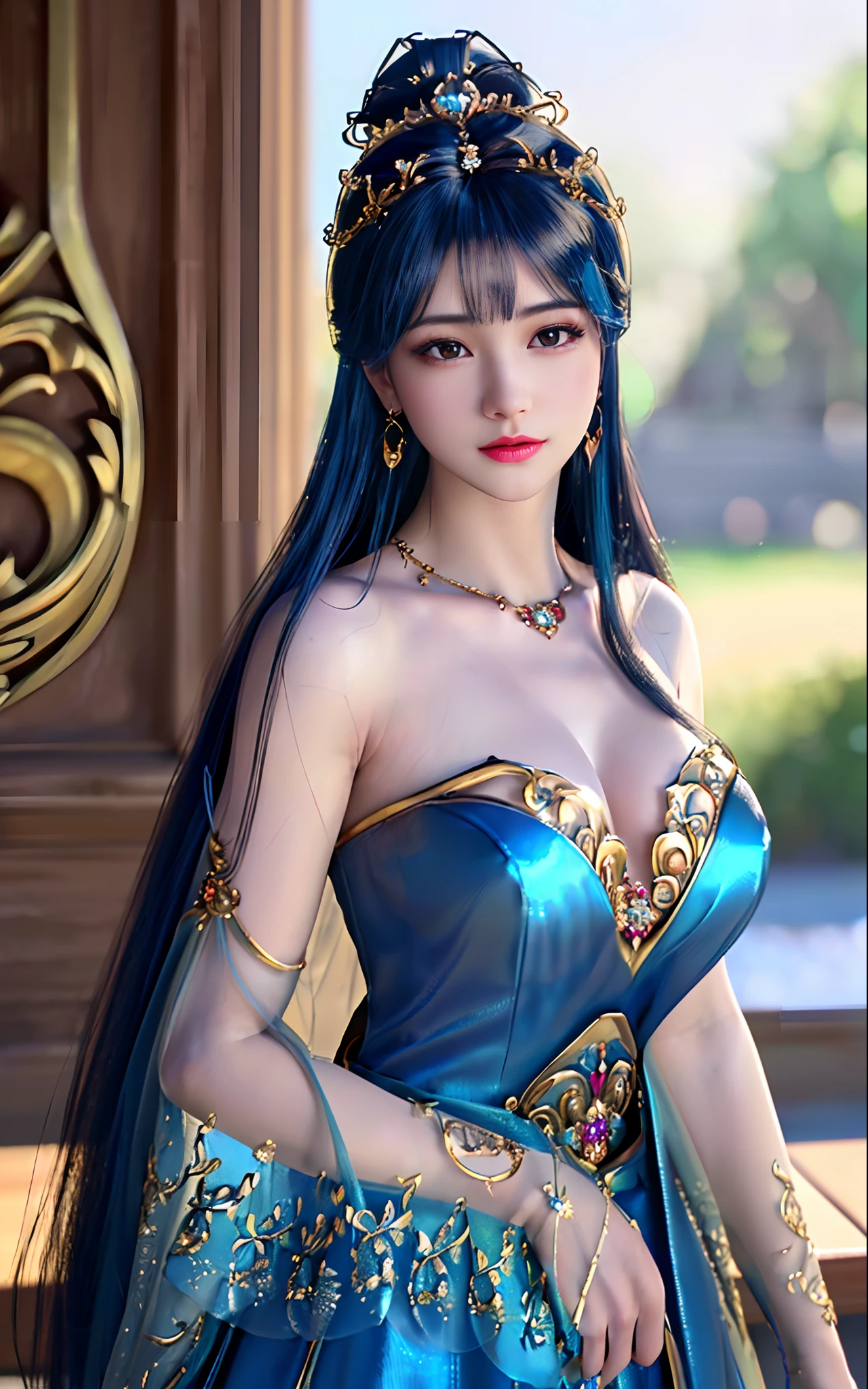 ((realisticity: 1.2)), ((best resolution: 8K UHD)), best quality,masterpiece,highres,cg,
((1 super detailed and super realistic girl)), ((very beautiful queen dazzling, super realistic, and super detailed)),((white skin, beautiful, smooth, youthful, super realistic and super detailed
)), long hair, ((super realistic and super detailed dress)), solo, ((super realistic, super beautiful, gorgeous and super detailed jewelry)), ((super beautiful, super realistic and super detailed dark red and golden yellow dress)),
((super beautiful, super realistic, super detailed diamond filled earrings)),
((super beautiful, super realistic and super detailed diamond filled hair ornament)), ((super beautiful upper body, super beautiful, super realistic and super detailed)), ((big breasts: 2.5)),
((super grand, super realistic and super detailed royal palace backgroun))
((super beautiful, super beautiful, super realistic and super detailed hair bun)), ((super beautiful, super realistic and super detailed blue hair)),
candid, Photograph, high resolution, 8k,Bokeh,