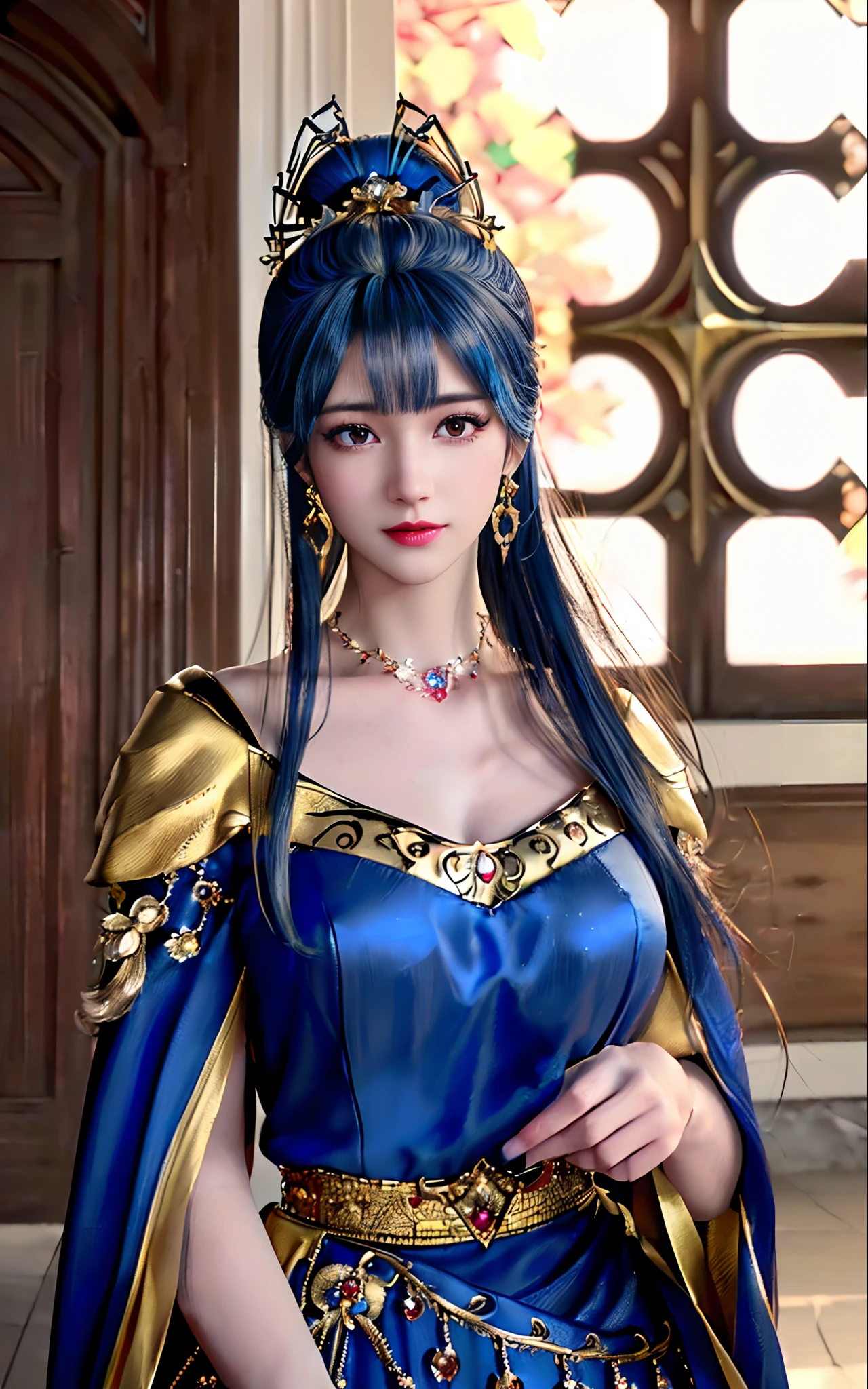 ((realisticity: 1.2)), ((best resolution: 8K UHD)), best quality,masterpiece,highres,cg,
((1 super detailed and super realistic girl)), ((very beautiful queen dazzling, super realistic, and super detailed)),((white skin, beautiful, smooth, youthful, super realistic and super detailed
)), long hair, ((super realistic and super detailed dress)), solo, ((super realistic, super beautiful, gorgeous and super detailed jewelry)), ((super beautiful, super realistic and super detailed dark red and golden yellow dress)),
((super beautiful, super realistic, super detailed diamond filled earrings)),
  ((super beautiful, super realistic and super detailed diamond filled hair ornament)), ((super beautiful upper body, super beautiful, super realistic and super detailed)), ((big breasts: 2.5)), 
((super grand, super realistic and super detailed royal palace backgroun))
((super beautiful, super beautiful, super realistic and super detailed hair bun)), ((super beautiful, super realistic and super detailed blue hair)),
candid, Photograph, high resolution, 8k,Bokeh,