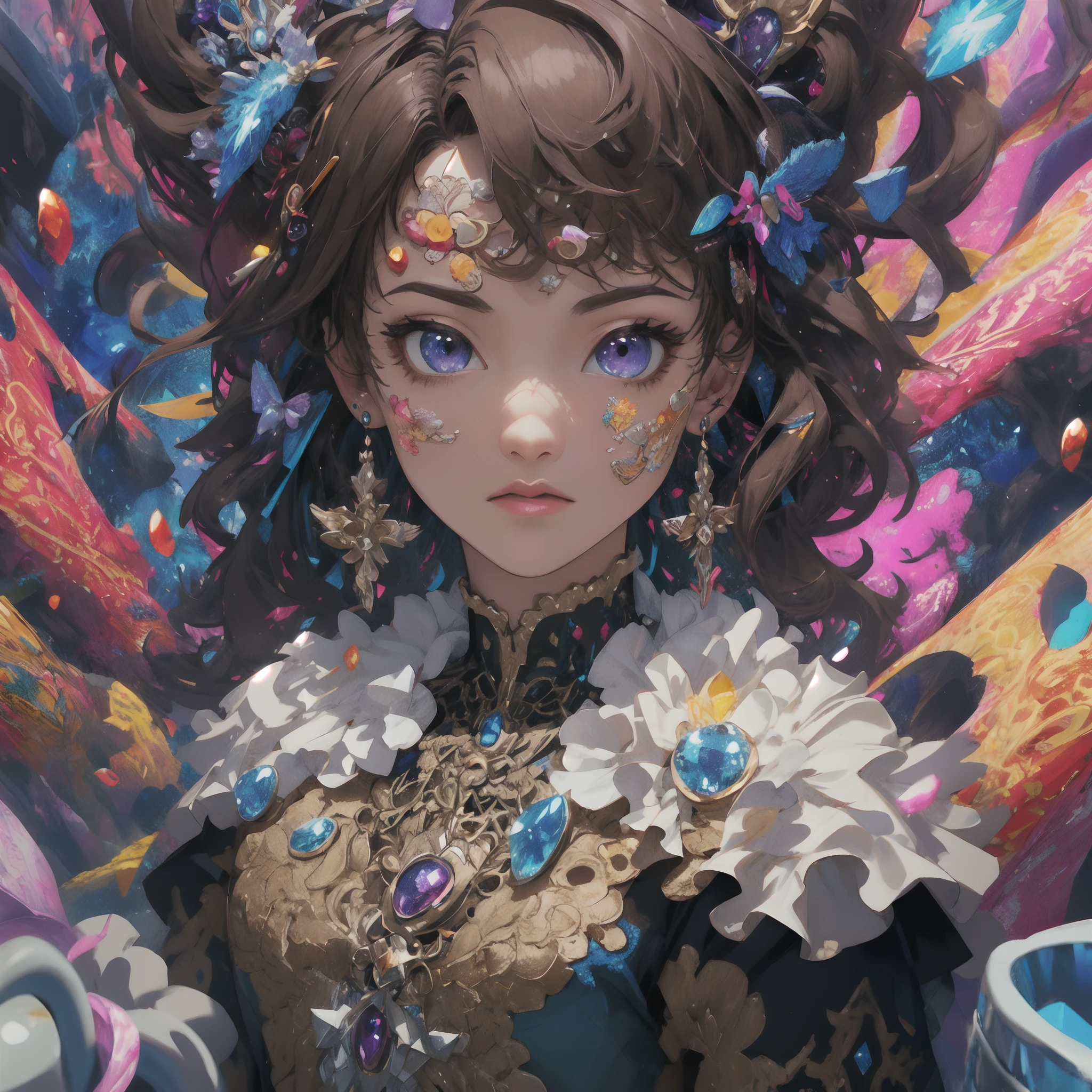 ((Land of Gems)),(detaileds,ighly detailed,A hyper-realistic,ultra-detailliert,intricate-detail,insanely detaileda,unrealengine,Perfect Shading,Beautiful mechanism,masterpiece,epic poem、),(((Brown skin))),(1girl in, Solo:1.6), (Best Impact:1.5), (maximalism:1.8), (Realistic),Hair is a short bob, hyperrealistic illustrations, hight resolution, ultra-detailliert, absurderes,(Fractal Art:1.3),Precise focus、randome pose、cinema4d、Dramatic