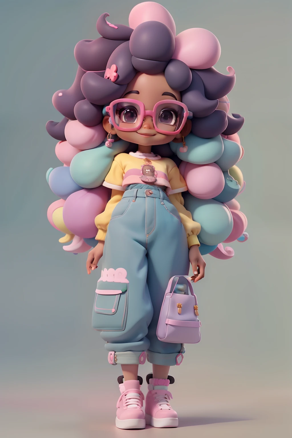 Alice negra afro fofa, Eyeglasses, meniga, olhos delicados, multicolorido, tom pastel, Pants, moletom, sorriso delicado, fundo simples e branco