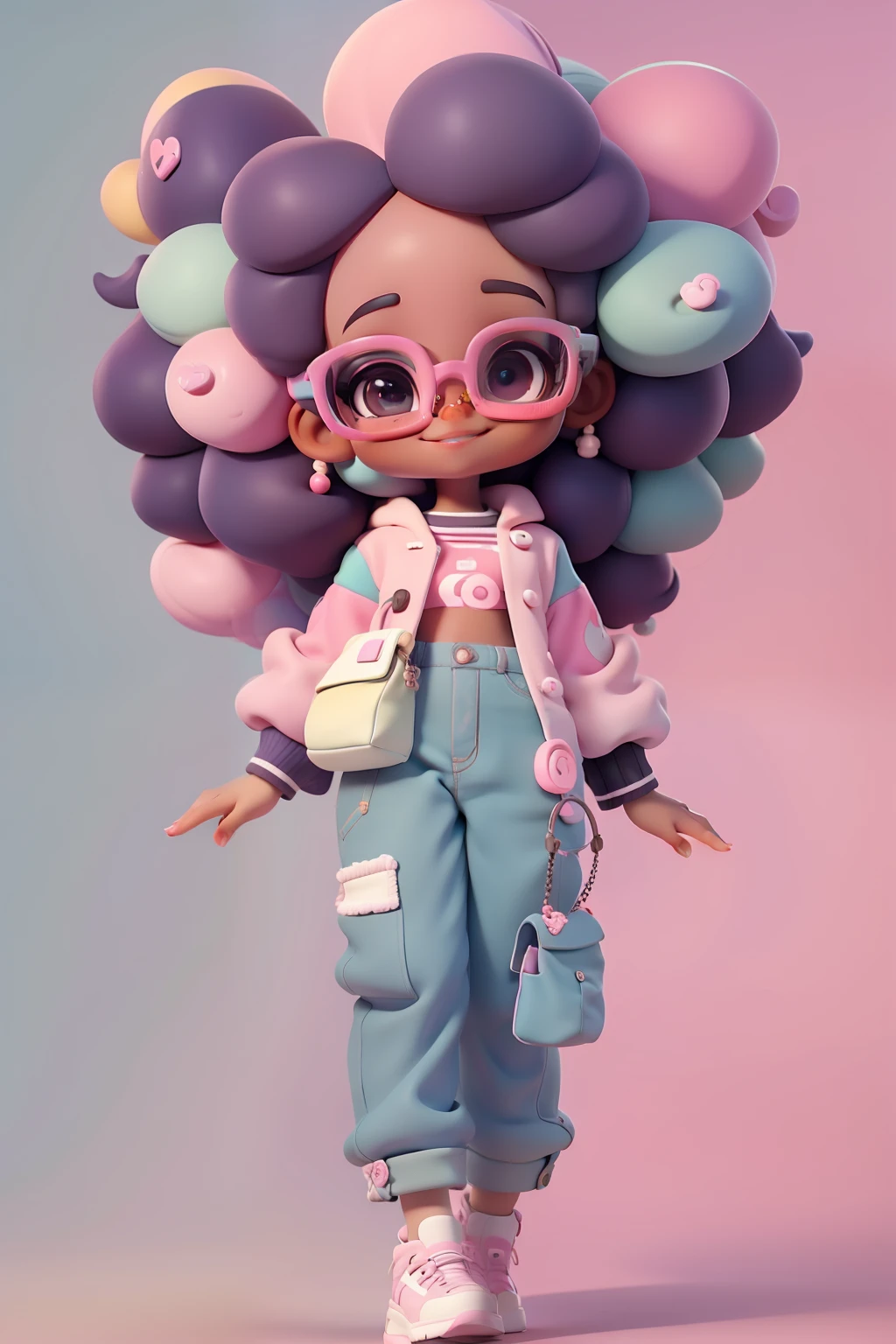  Alice negra afro fofa, Eyeglasses, meniga, olhos delicados, multicolorido, tom pastel, Pants, moletom, sorriso delicado, fundo simples e branco
