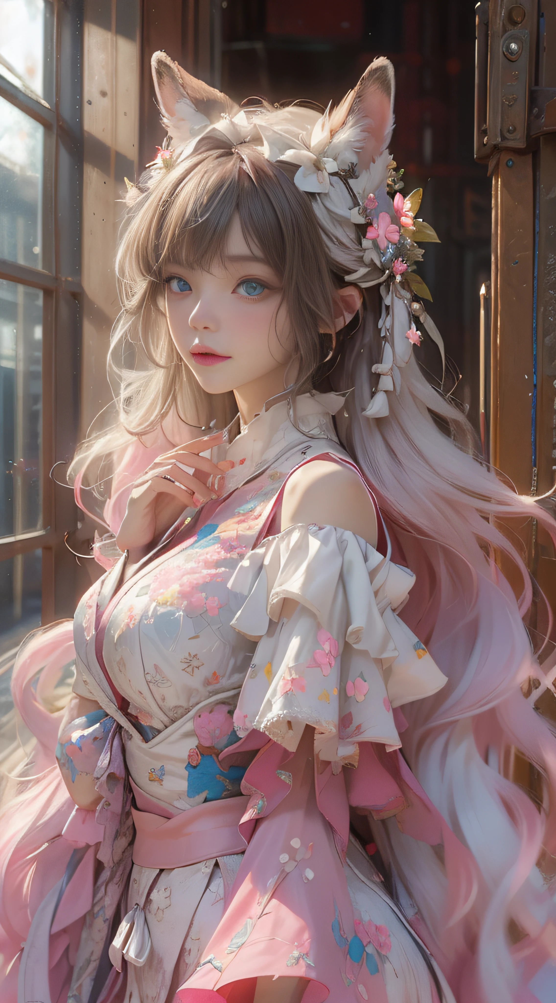 ((best qualtiy)), ((tmasterpiece)), (detail:1.4), Beautiful cyberpunk female images,hdr(HighDynamicRange),Ray traching,NVIDIA RTX,Hyper-Resolution,illusory 5,sub surface scattering,PBR textures,post-proces,Anisotropy Filtering,depth of fields,maximum definition and sharpness,Many-Layer Textures,Albedo e mapas Speculares,Surface coloring,Mitsu-Accurate simulation of material interactions,perfectly proportioned,rendering by octane,Two-colored light,largeaperture,Low ISO,White balance,Rule three points、8K raw data、Beautiful bright blue pupils,off-the-shoulder clothes,Fine pupils,Delicate face and eyes,long eyelasher,Blushlush,Delicate and fluffy hair,pink lip,Pure,Cute face,Sweet girl,Artistic sense,Casual wear,Advancedsense,butterflys,Cherry blossom petal,Beautiful hair accessories,Long hair and waist,Hair fluttering in the wind,Snow-white fox ears,curlies,Snow-white fluffy tail,Positive light,The light from the back window is backlighted