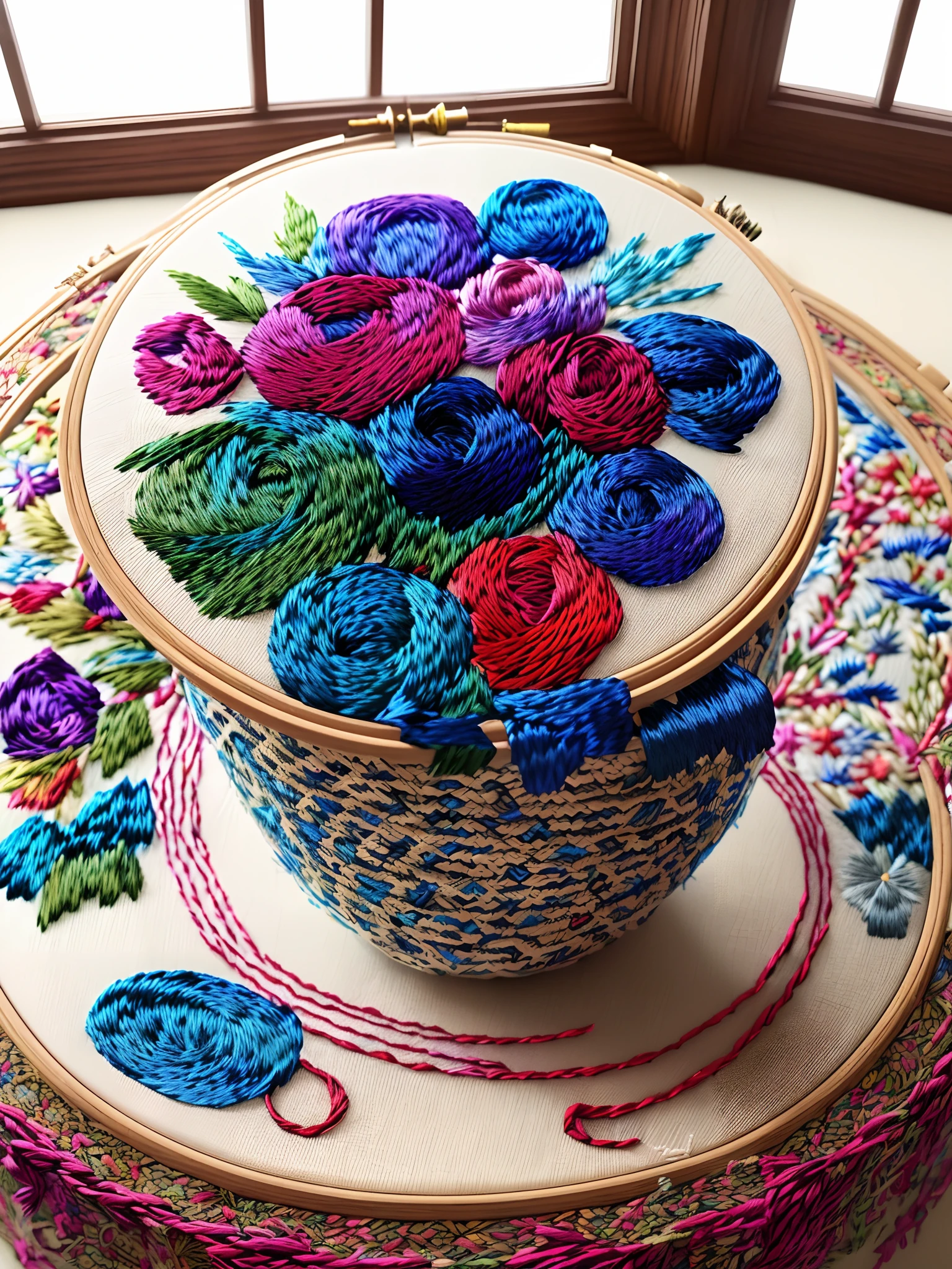 Basket ((((ART OF EMBROIDERY WITH RIBBONS))))), BASKET WITH BRIGHT MULTICOLORED SILK FLOWERS !!!! , ROSES, DAISIES, LAVENDERS, ((((EMBRODERYE ART ))))), WELL REMAINED wonderful crafts masterpiece !!!!!! On an old gold table with filigree, window with (((beams of sunlight enter through the window)))) !!!! a cup of coffee from ultra fine ultra detailed japanese tableware 4k tablecloth MULTI COLOR EMBROIDERY EMBRODERYE ART