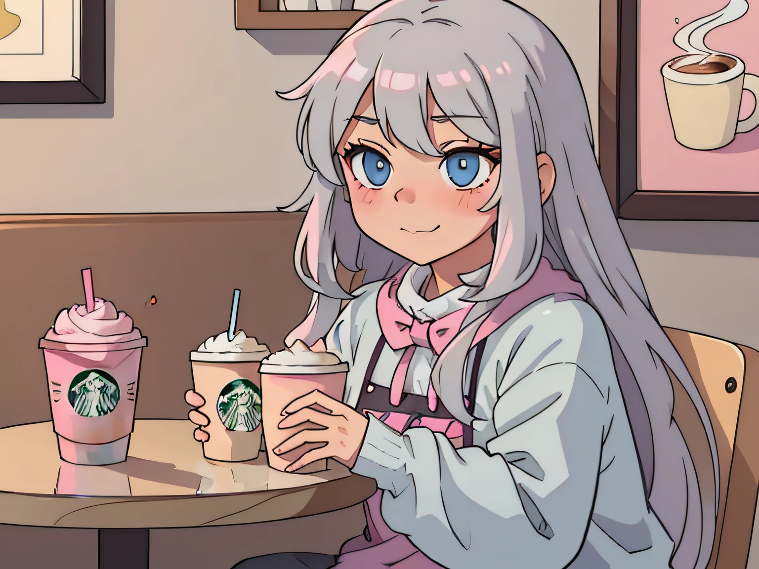 medium-sized girl with long light silver hair and a pair of light blue eyes, blush, smirking, coffee shop, laying on table, Pink Drink Starbucks Refreshers, hair reaches up to the neck