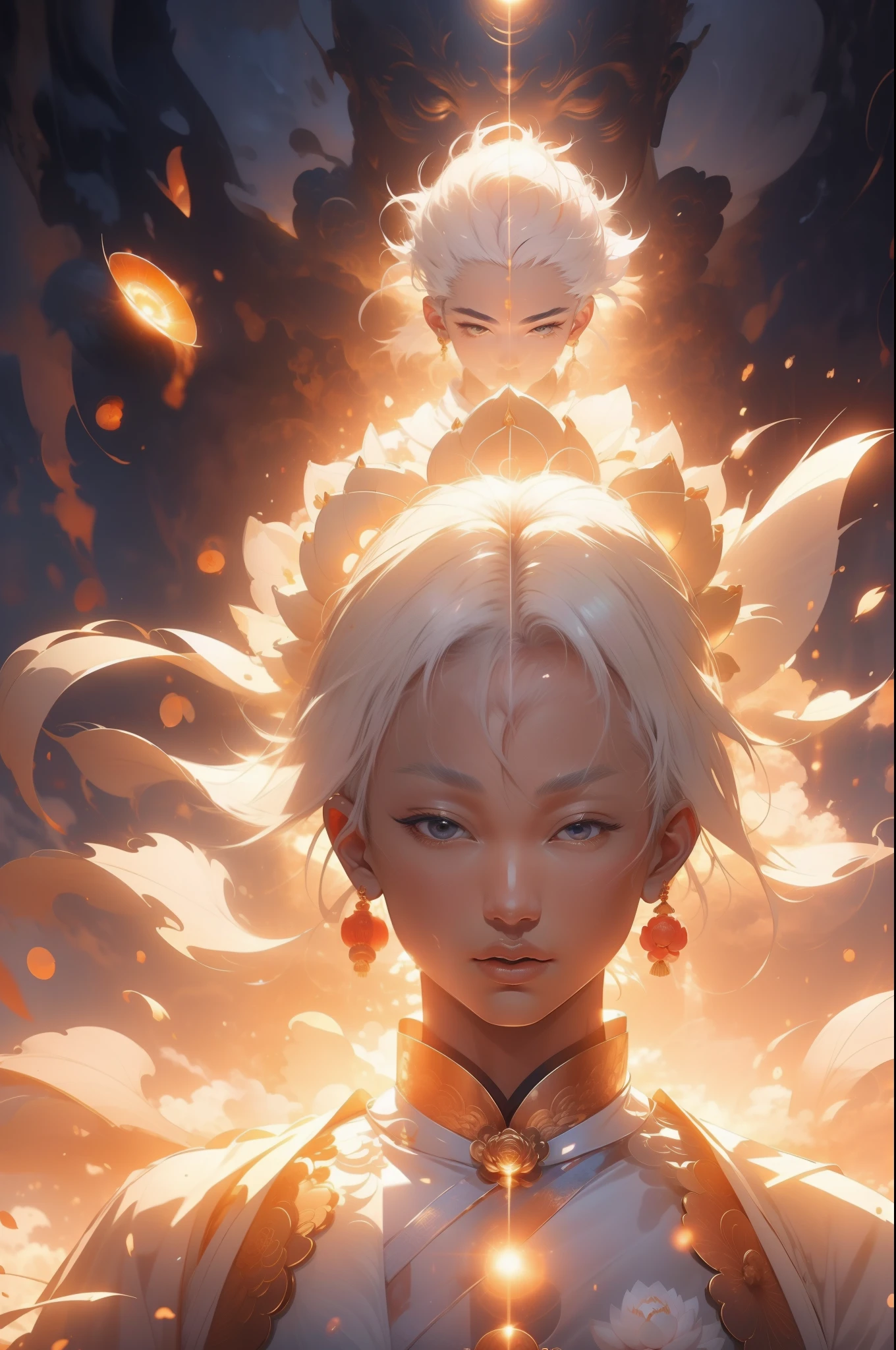 (The sun is shining:1.2),White-haired Chinese youth in the light,Wear transparent clothing,Tang dynasty clothing,(Like Buddha,Step on the lotus),on the sky,Flowers bloom around the clouds,Best quality at best