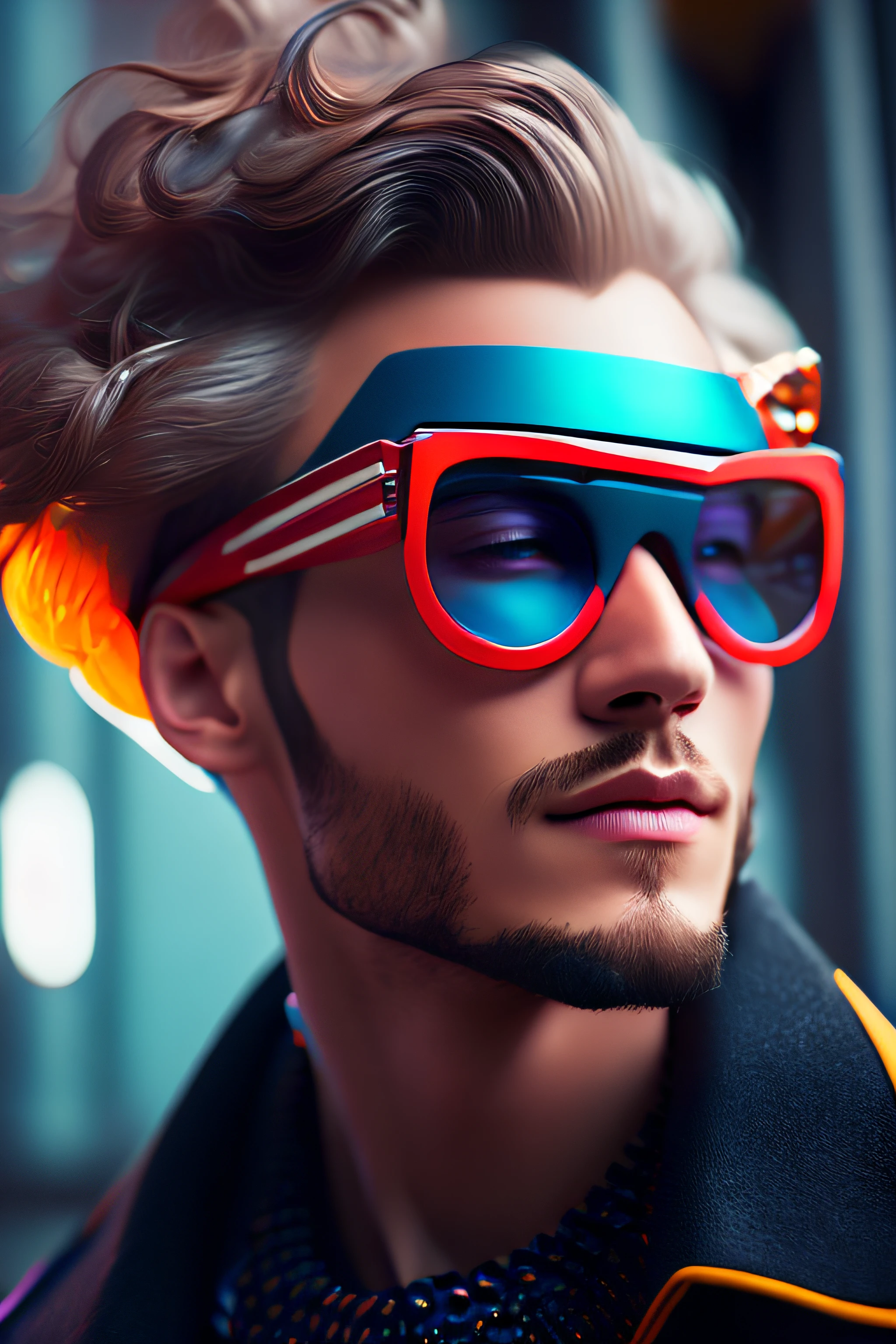 (portrait fashionista man middle ages 1950s with intricate colorful trendy glossy tinted goggle), fluffy c0lorful hair, smilingly expression, (Extremely Detailed digital photography:1.2), standing in middle of city, (((full body))), raw picture, analogue, Hasselblad, 50asa, f8, 12mm, glow effects, godrays, Hand drawn, render, 8k, octane render, cinema 4d, blender, dark, atmospheric 4k ultra detailed, cinematic sensual, Sharp focus, humorous illustration, big depth of field, Masterpiece, colors, 3d octane render, 4k, concept art, trending on artstation, hyperrealistic, Vivid colors, rim light, extremely detailed CG unity 8k wallpaper, trending on ArtStation, trending on CGSociety, Pop Art style by  Yayoi Kusama, Intricate, High Detail, dramatic
,pure energy, light particles, sci-fi