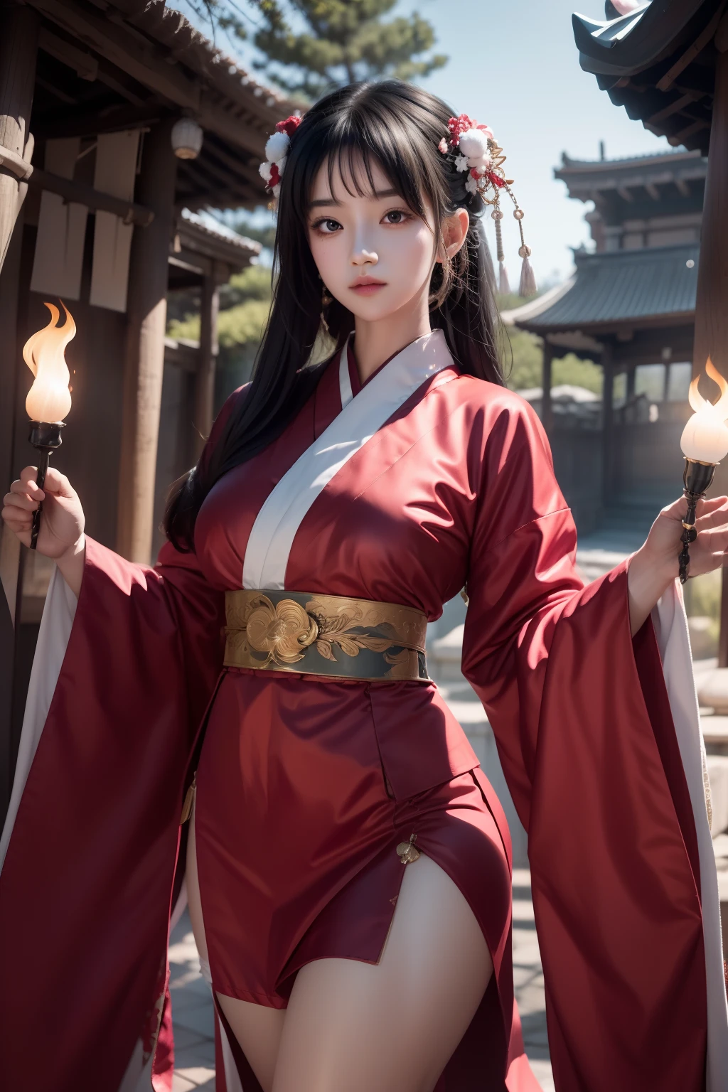 extremely detailed 8k wallpaper),iintricate,detail-rich,dramatics,Panda bear with white kimono,preparing to fight,The sinister face is drawn underneath, only a pair of red eyes peek,Graphic madness,Light is reflected on the ornaments,Bright ash seeped from the torches of the arched passage,Take a leisurely walk through the gloomy cathedral,Show the whole person that there is a certain distance from the surroundings to get their own permit,Kizi,bare butts,Spread your legs