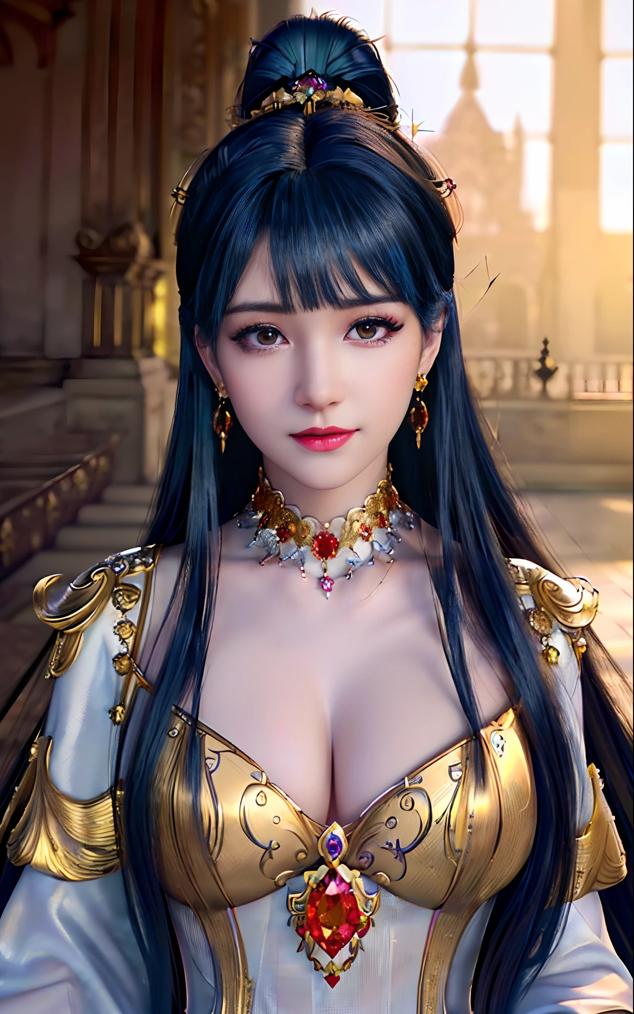 ((realisticity: 1.2)), ((best resolution: 8K UHD)), best quality,masterpiece,highres,cg,
((1 super detailed and super realistic girl)), ((very beautiful queen dazzling, super realistic, and super detailed)),((white skin, beautiful, smooth, youthful, super realistic and super detailed
)), long hair, ((super realistic and super detailed dress)), solo, ((super realistic, super beautiful, gorgeous and super detailed jewelry)), ((super beautiful, super realistic and super detailed dark red and golden yellow dress)),
((super beautiful, super realistic, super detailed diamond filled earrings)),
  ((super beautiful, super realistic and super detailed diamond filled hair ornament)), ((super beautiful upper body, super beautiful, super realistic and super detailed)), ((big breasts: 2.5)), 
((super grand, super realistic and super detailed royal palace backgroun))
((super beautiful, super beautiful, super realistic and super detailed hair bun)), ((super beautiful, super realistic and super detailed blue hair)),
candid, Photograph, high resolution, 8k,Bokeh,